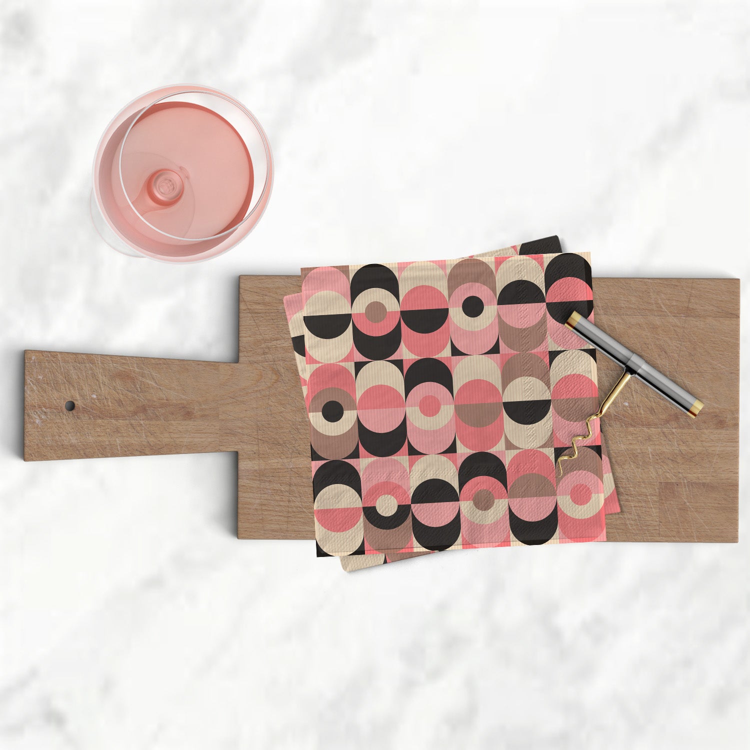 Pink and Black Circle in Oval Mid Century Modern Cocktail Beverage Napkin