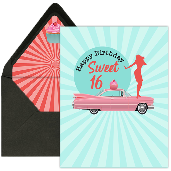 Sweet 16 Retro Car and Mod Dancer 16th Birthday Card