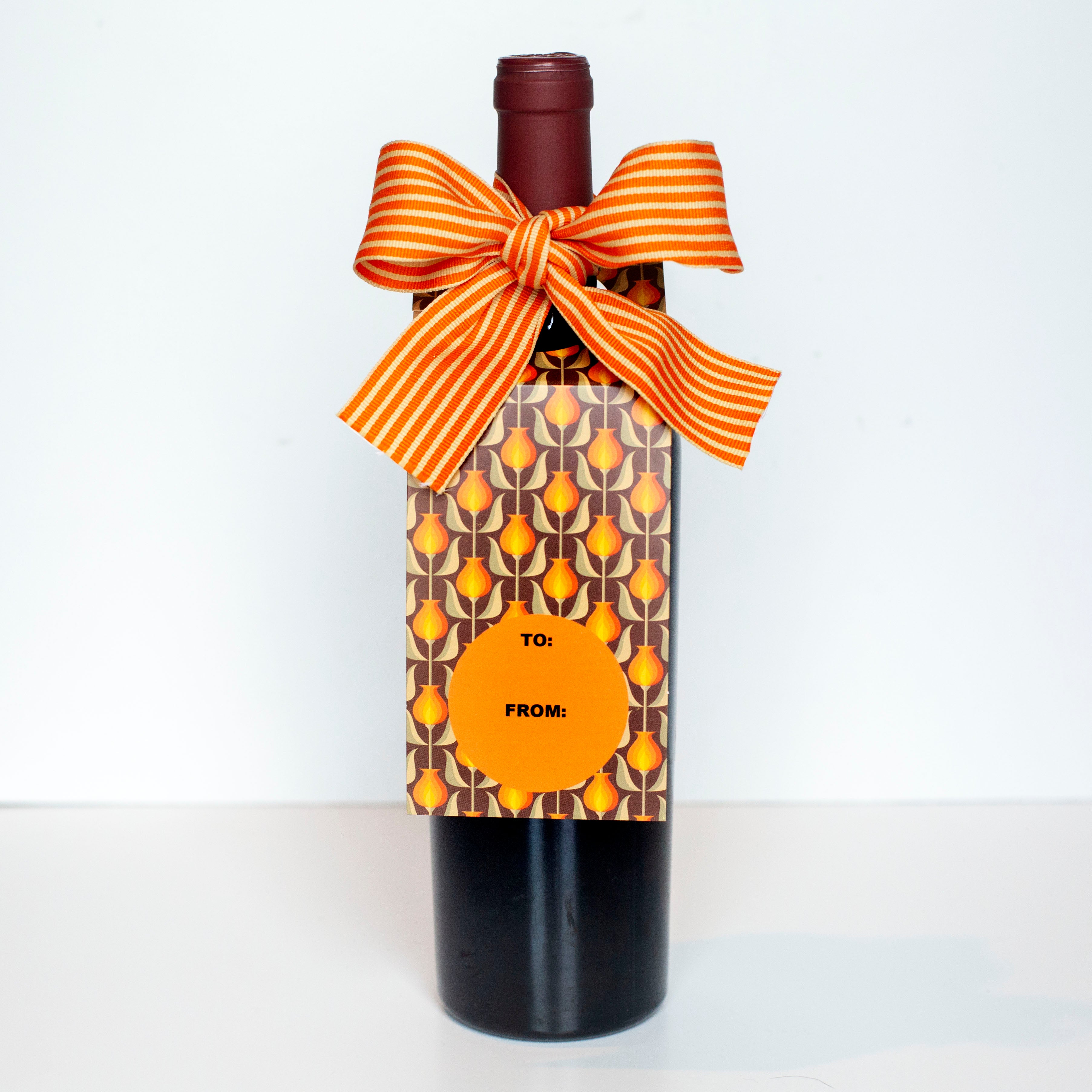 Brown and Orange Retro Tulip Paper Wine Tag with Ribbon