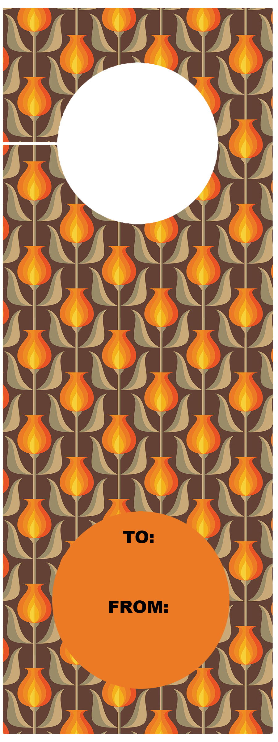 Brown and Orange Retro Tulip Paper Wine Tag with Ribbon