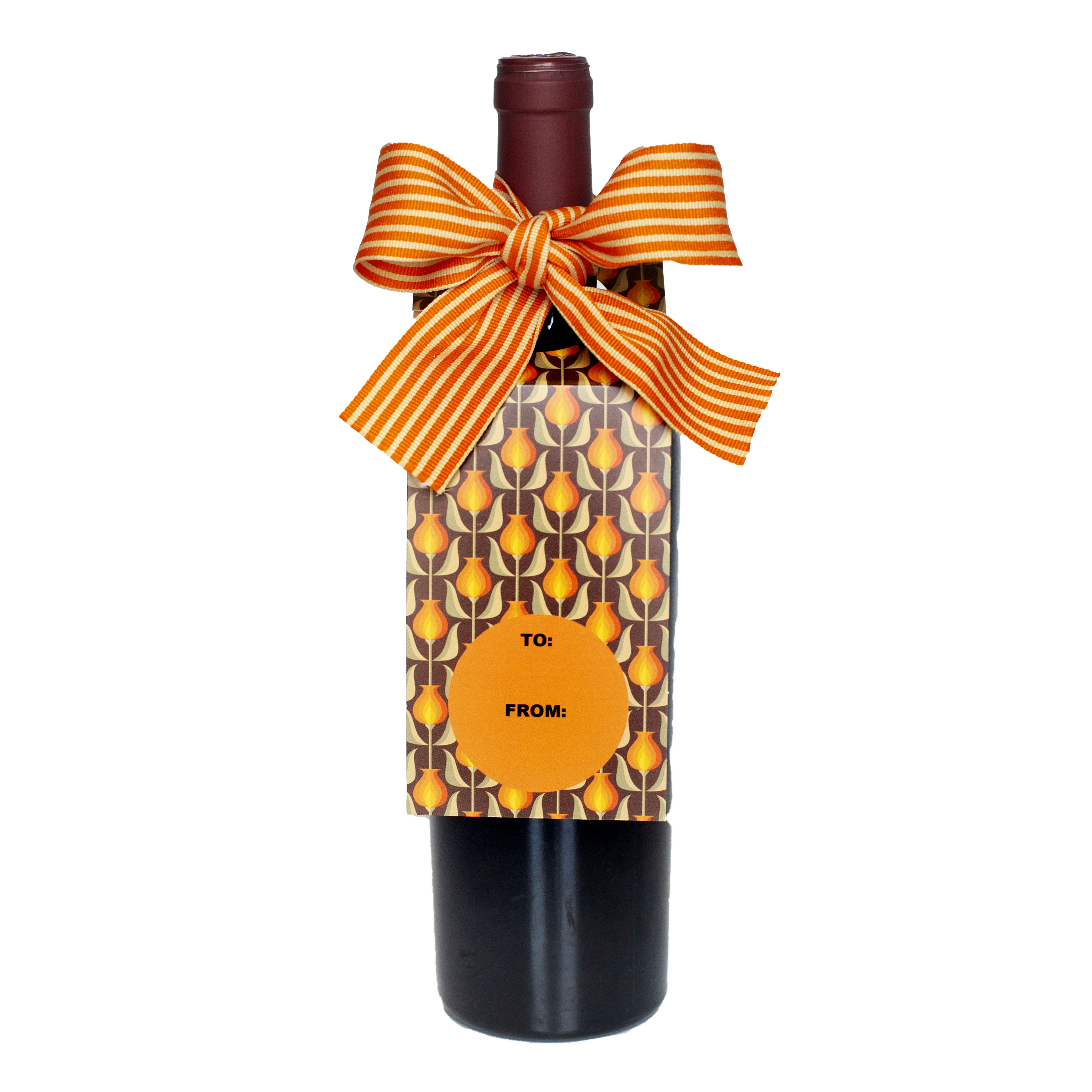 Brown and Orange Retro Tulip Paper Wine Tag with Ribbon