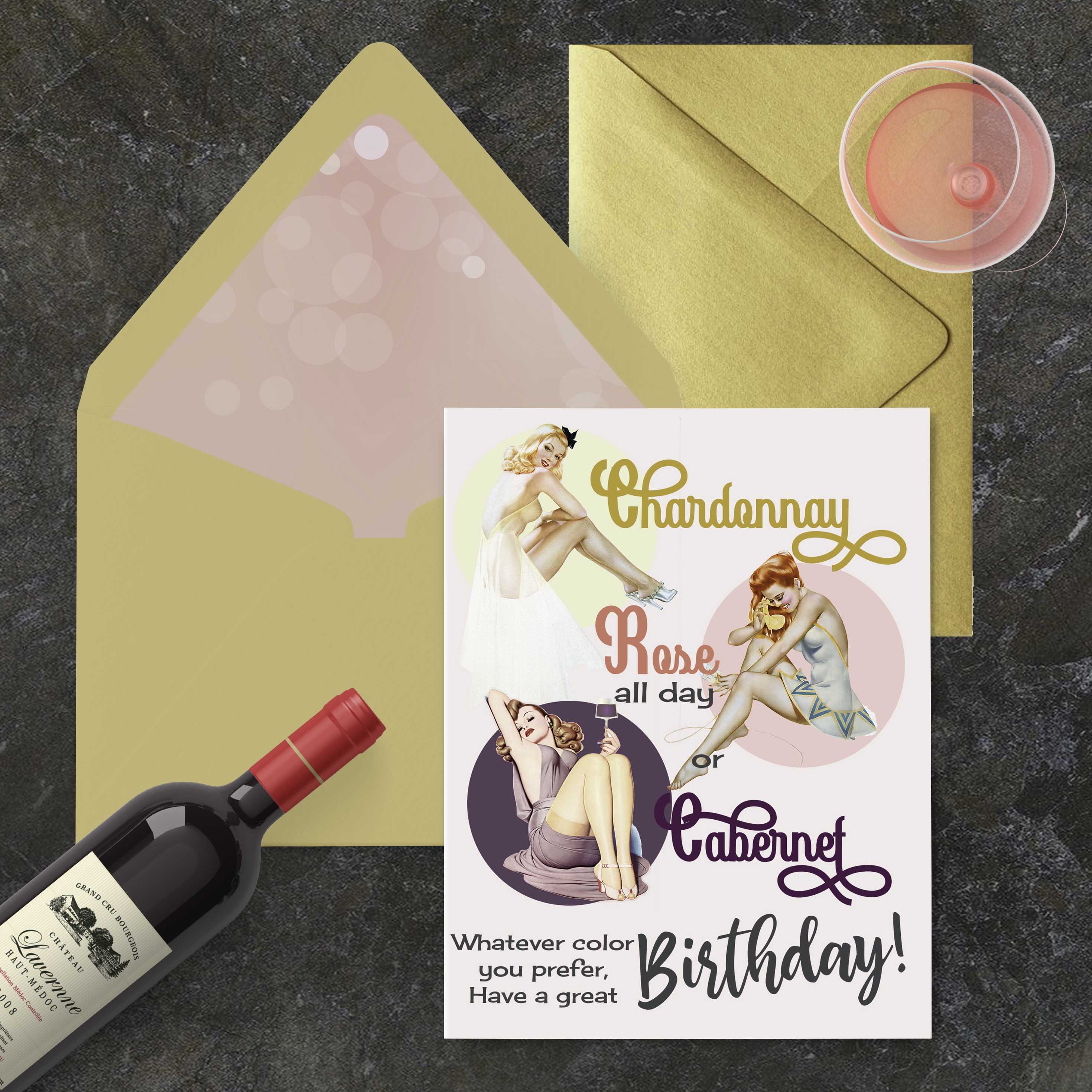 Wine Pinup Girls Red White Rose Birthday Greeting Card
