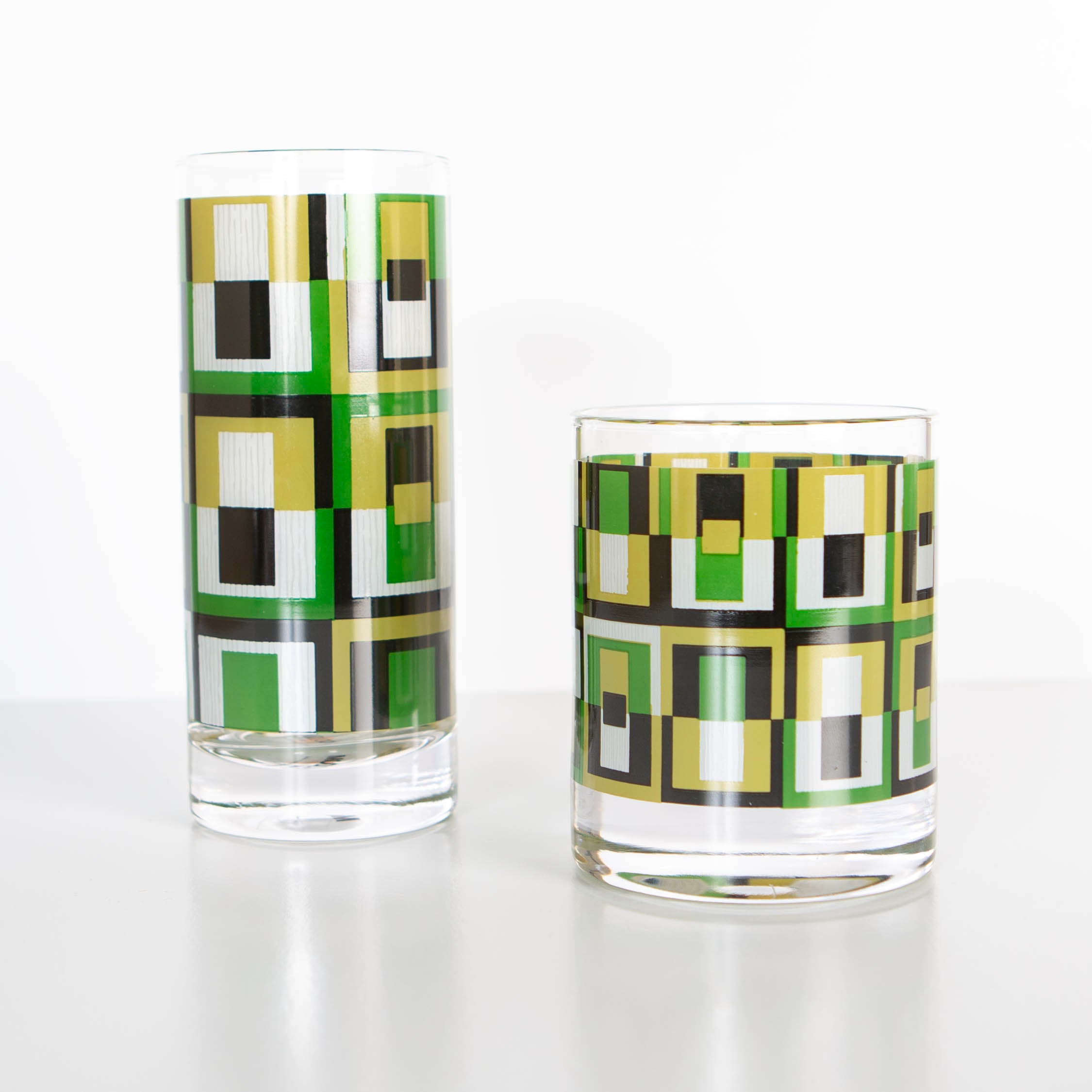 Green Squares Mid Century Vintage Highball Cocktail Glass