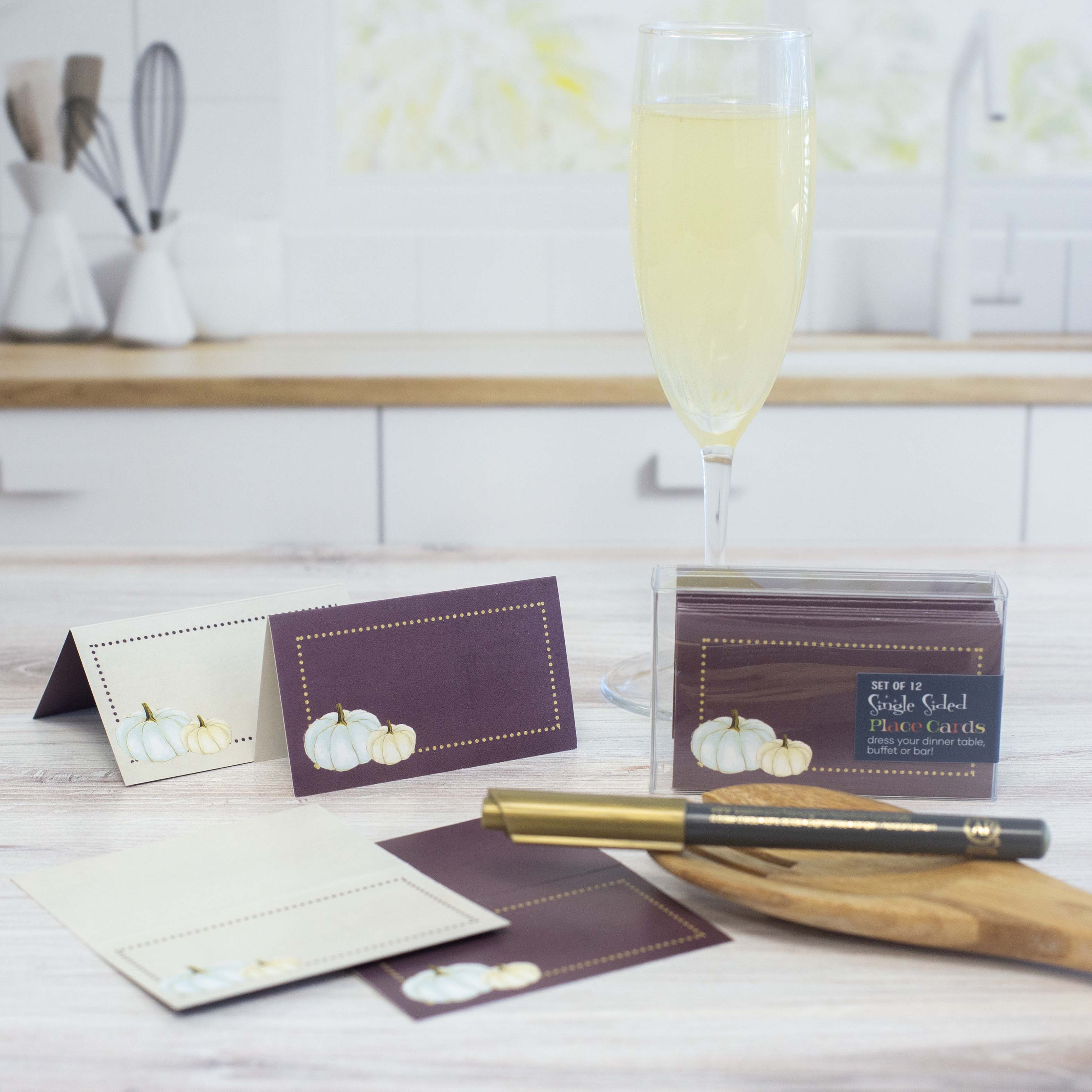 White Pumpkin on Plum Thanksgiving Folded Place Cards