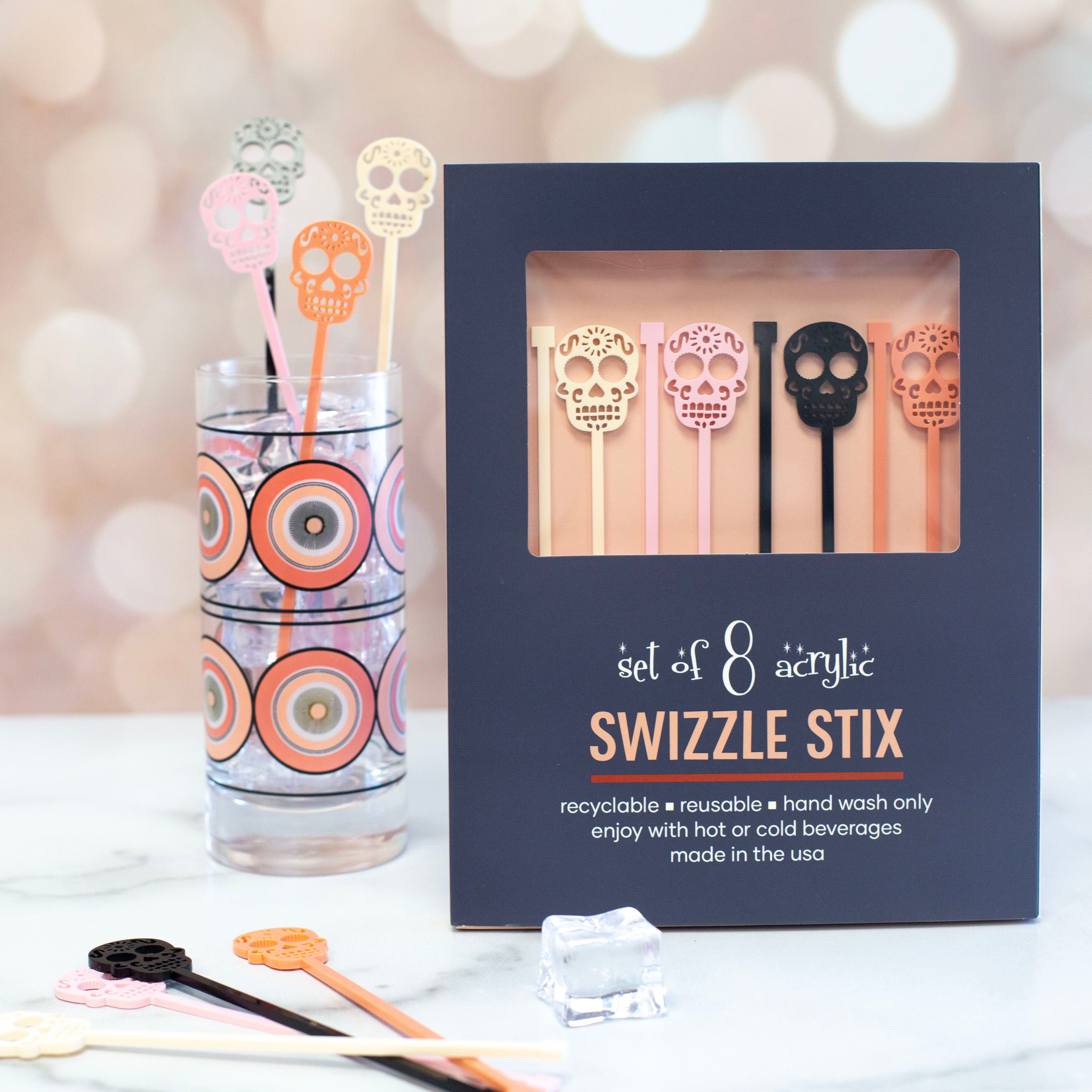 Pink Skull Day of the Dead Beverage Mixing Swizzle Drink Stirrers