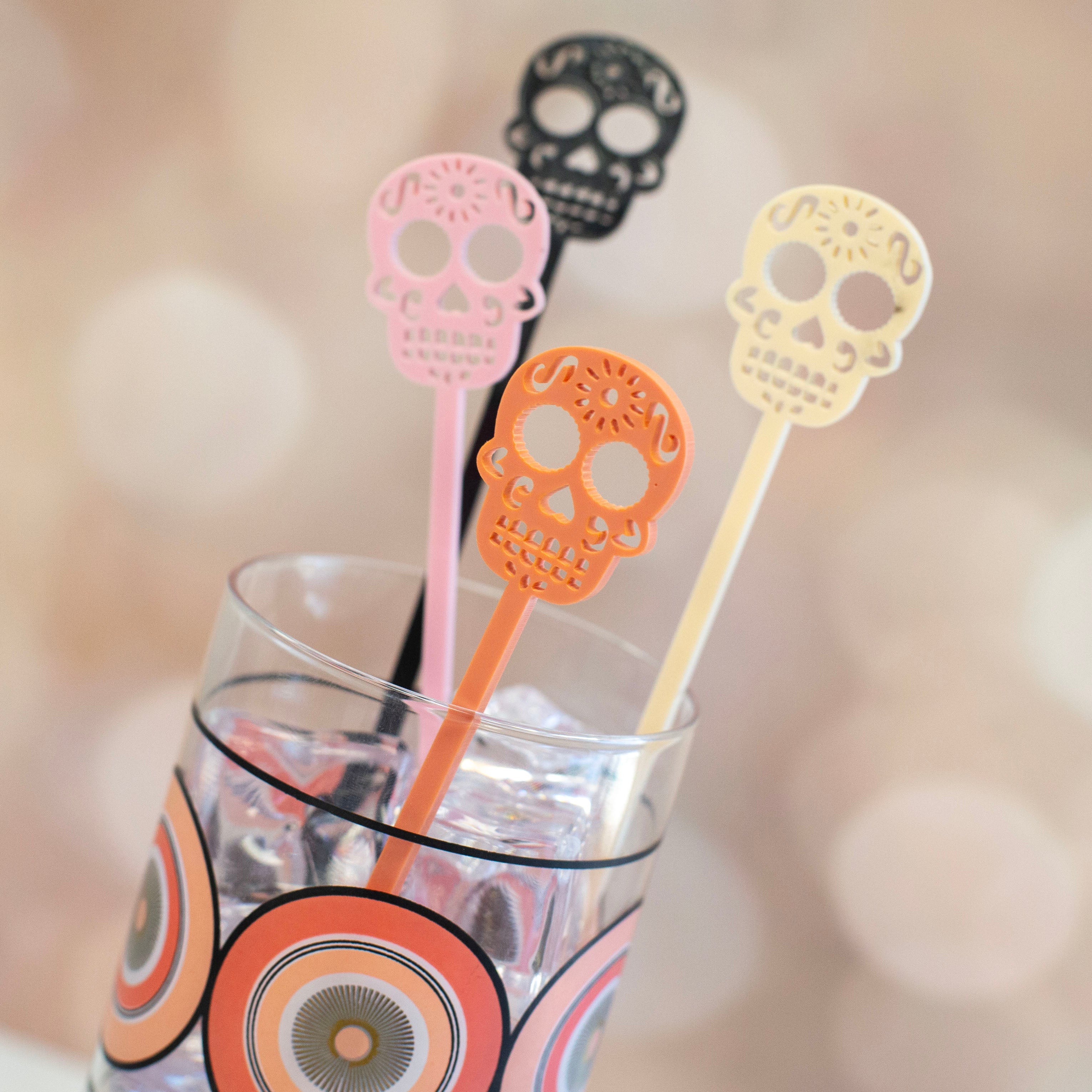 Pink Skull Day of the Dead Beverage Mixing Swizzle Drink Stirrers