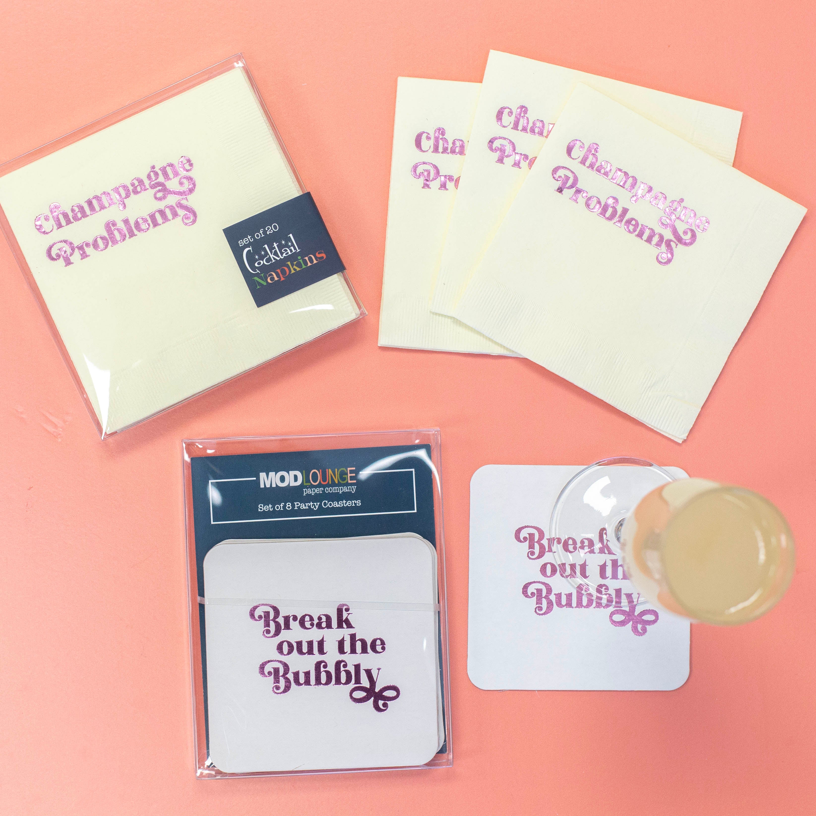 Champagne Problems Pink Foil Funny Text Cocktail Napkin