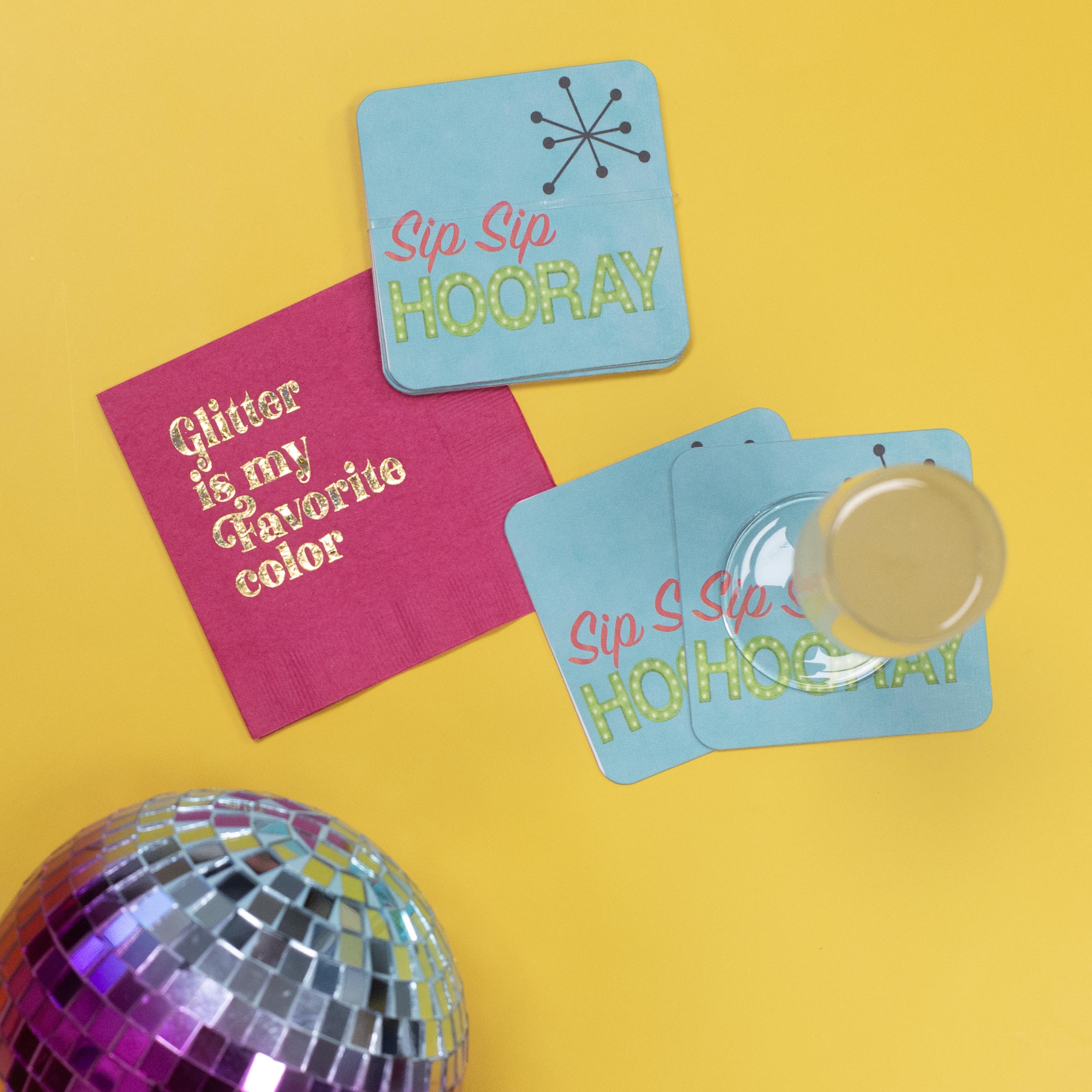 Sip Sip Hooray Funny Bright Teal Party Coasters Set of 8