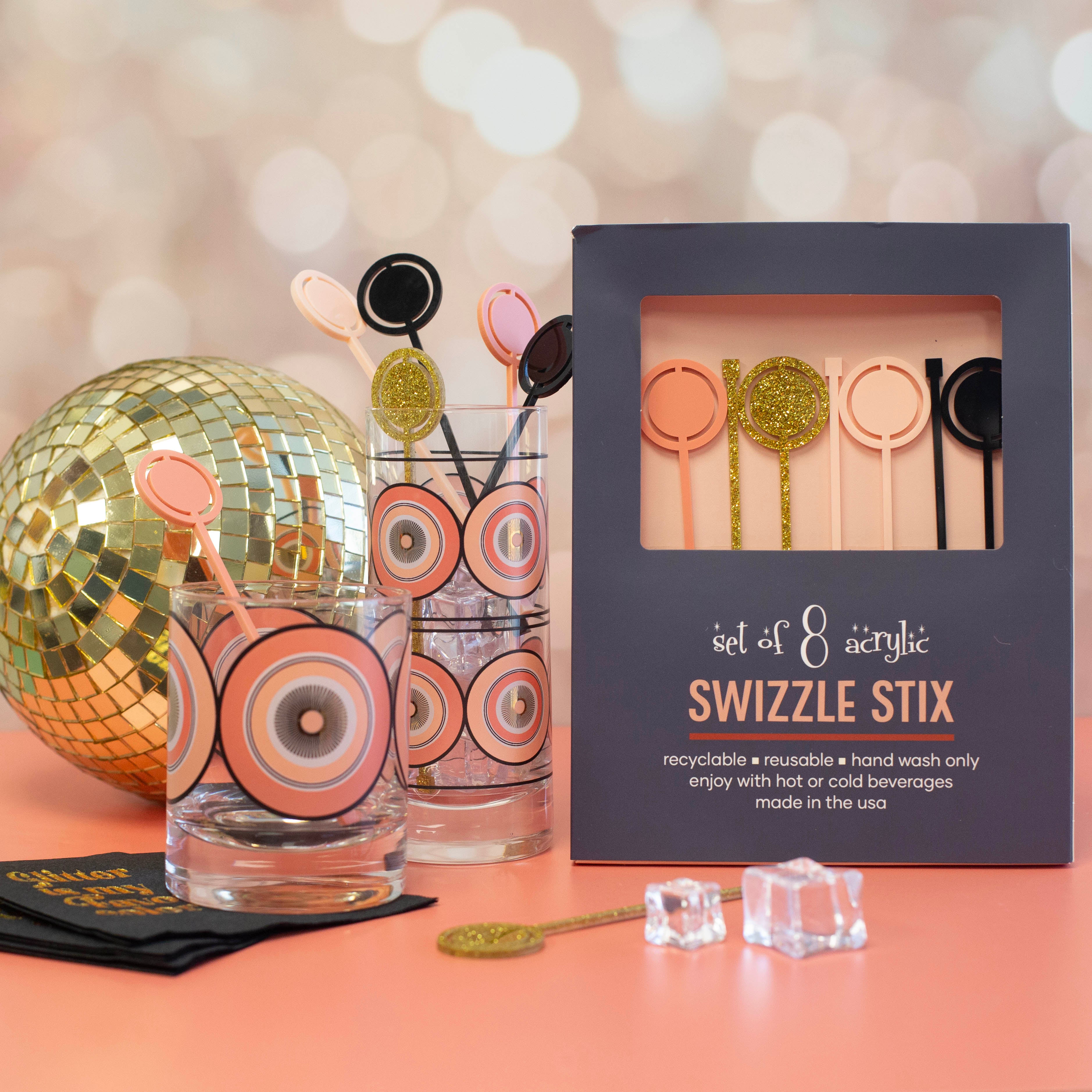 Pink and Gold Round Acrylic Swizzle Stix Drink Stirrers