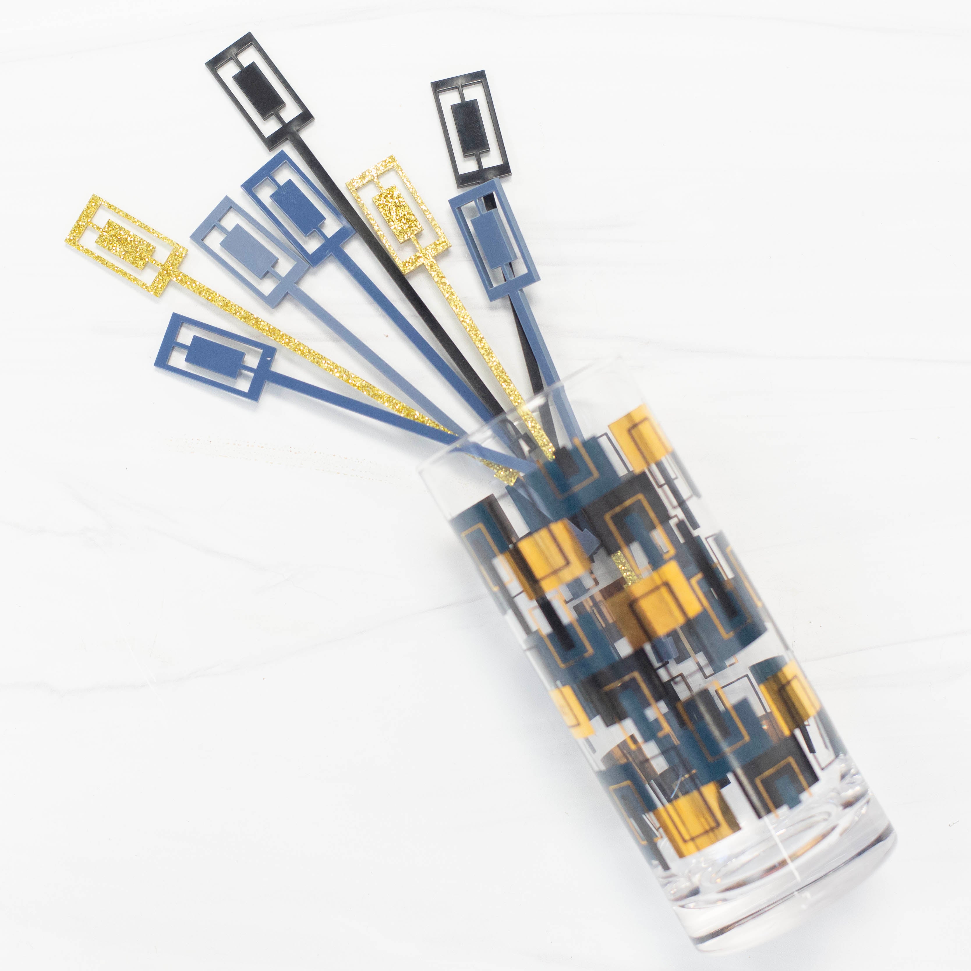 Navy and Gold Mid Century Rectangle Acrylic Swizzle Stix Drink Stirrers
