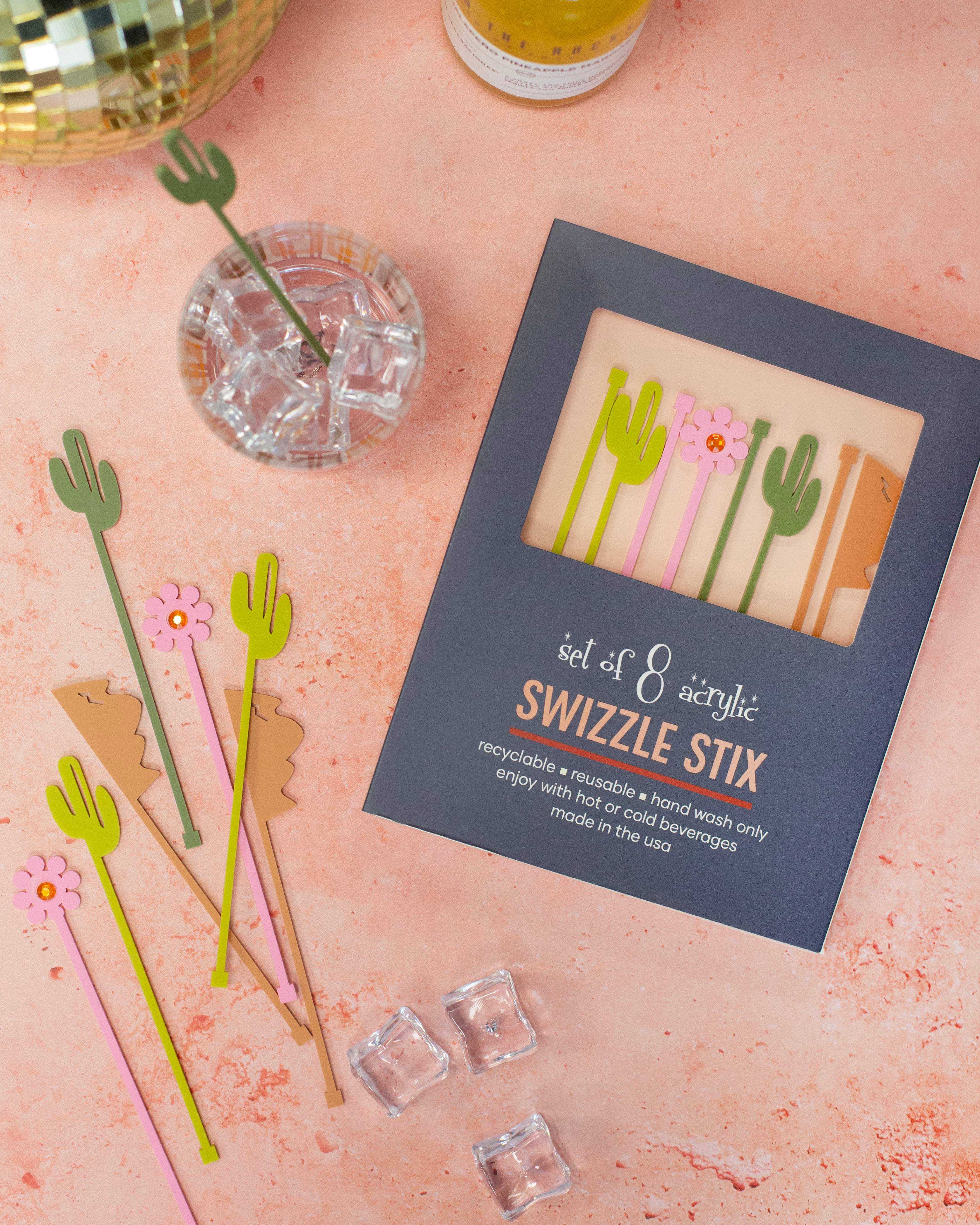 Cactus Mountain Western Acrylic Swizzle Drink Stirrers