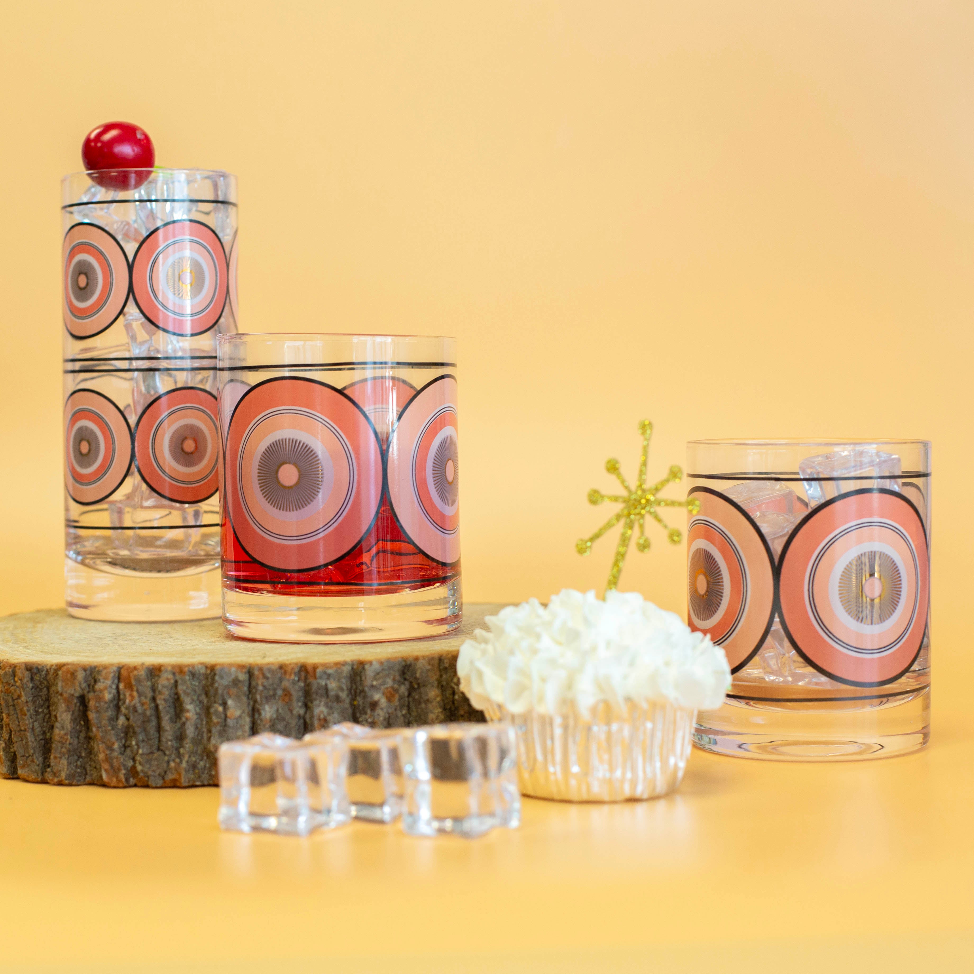 Pink and Gold Circles Mid Century Modern Vintage Cocktail Glasses