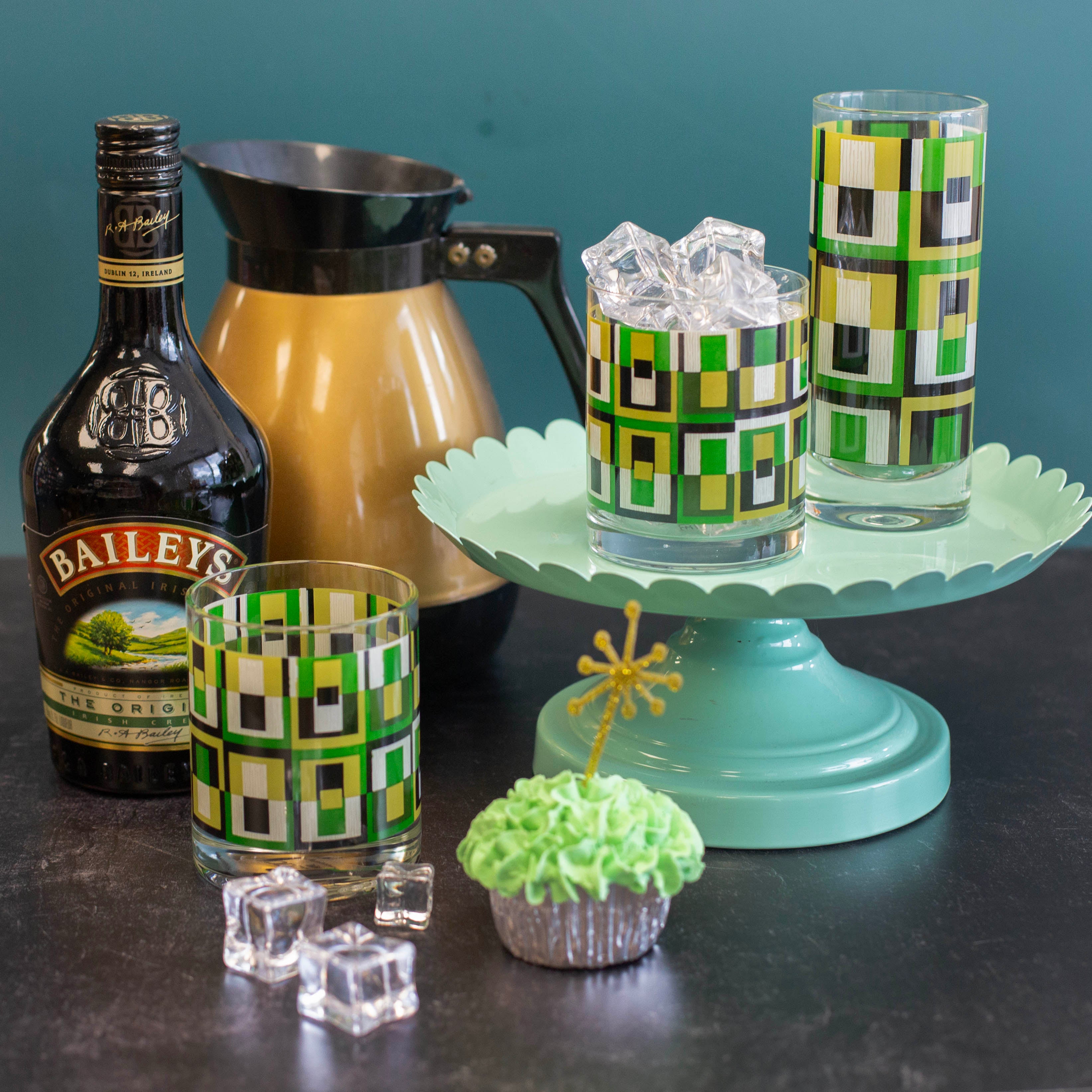 Green Square Mid Century Modern Vintage Cocktail Glasses