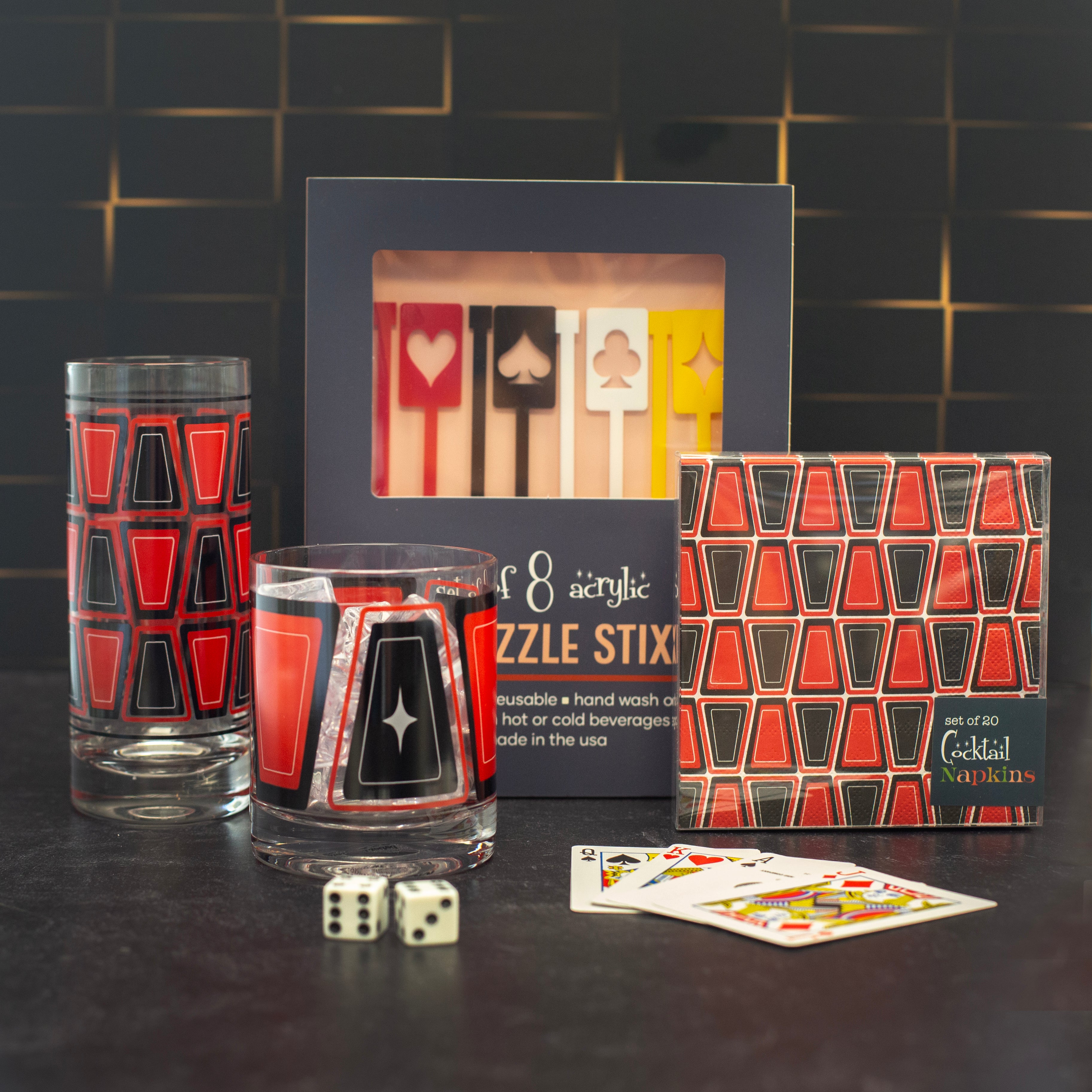 Red and Black Retro Blocks Highball Collins Vintage Cocktail Glass