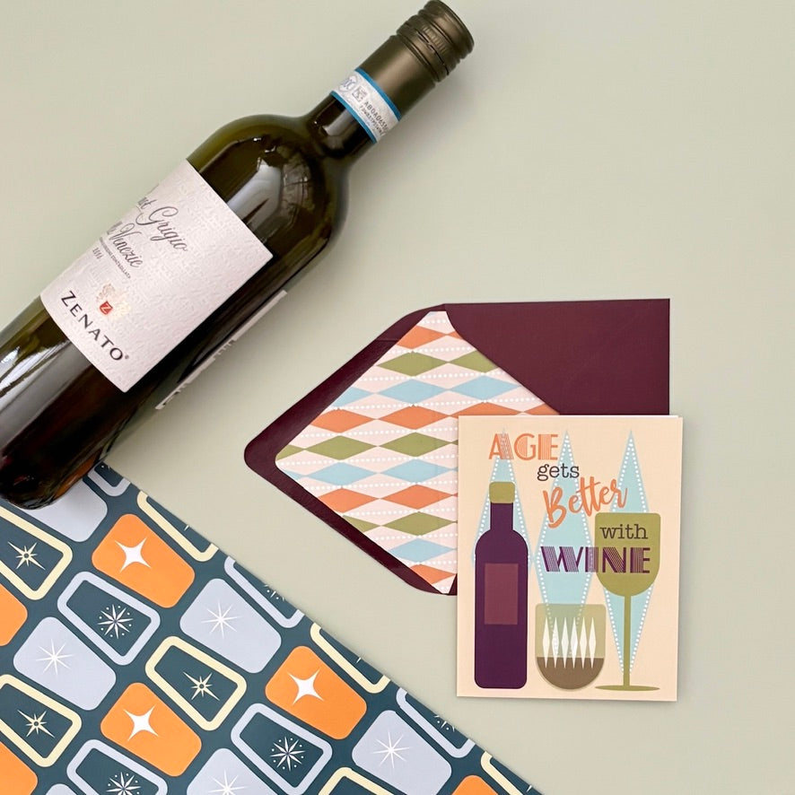 Age Gets Better With Wine Funny Mid Century Birthday Card