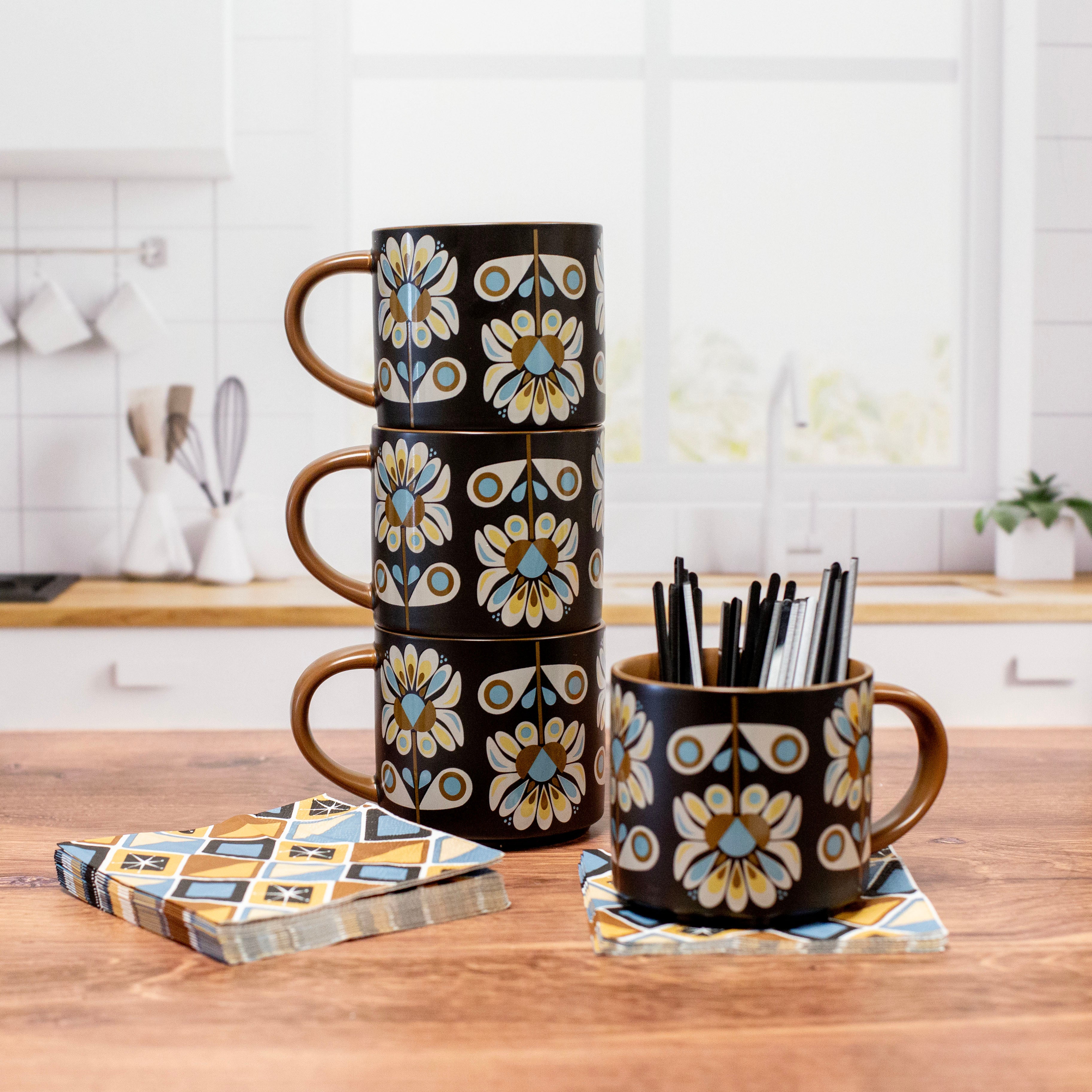 Black and Blue Petals Mid Century Stackable Matte Coffee Mug