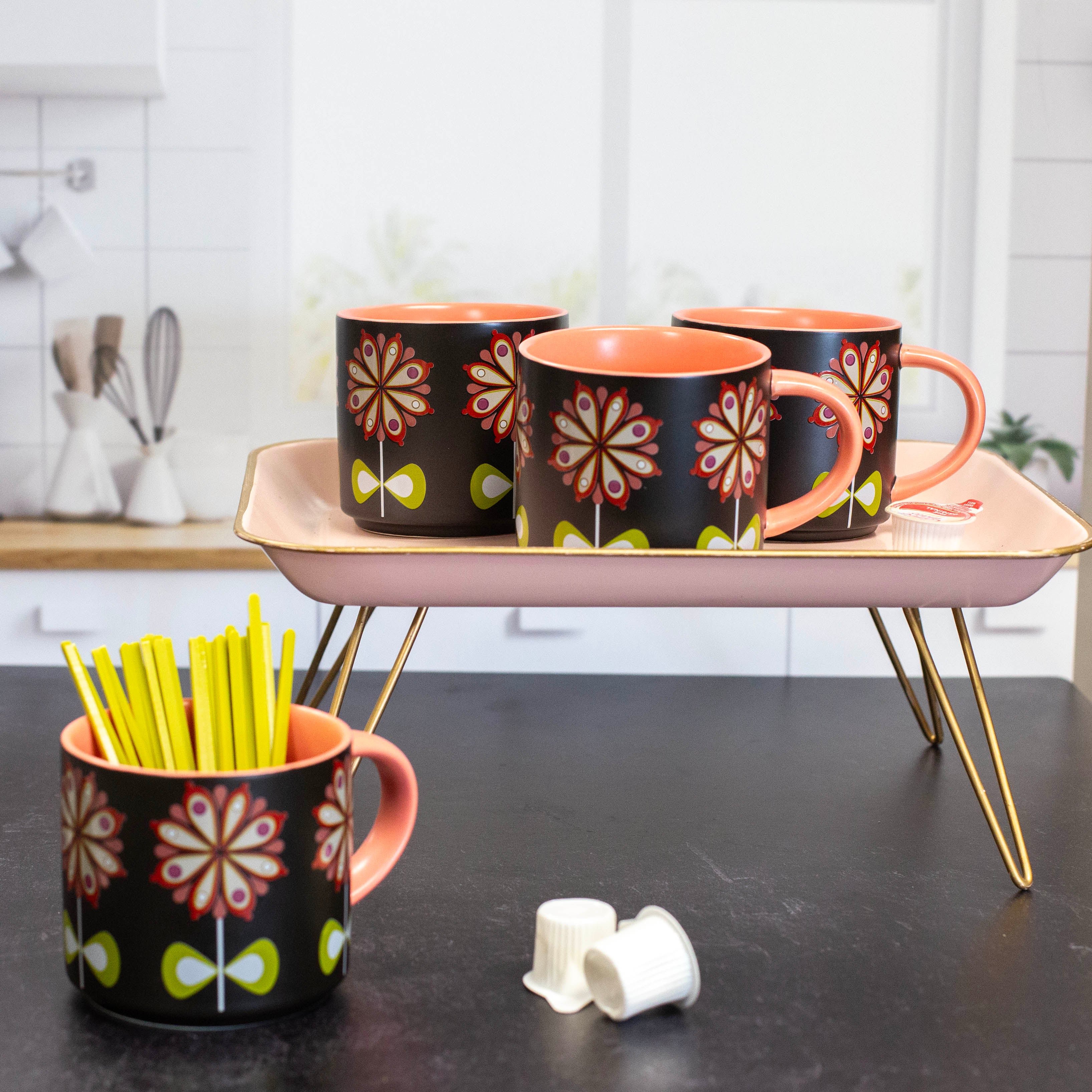 Casbah Bloom Pink Flower Mid Century Stackable Matte Coffee Mug