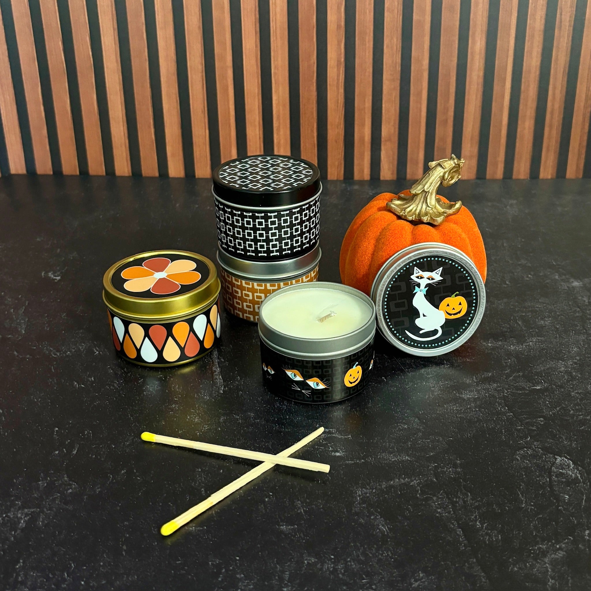 Halloween Mid Century Modern Cat Blood Orange Travel Candle