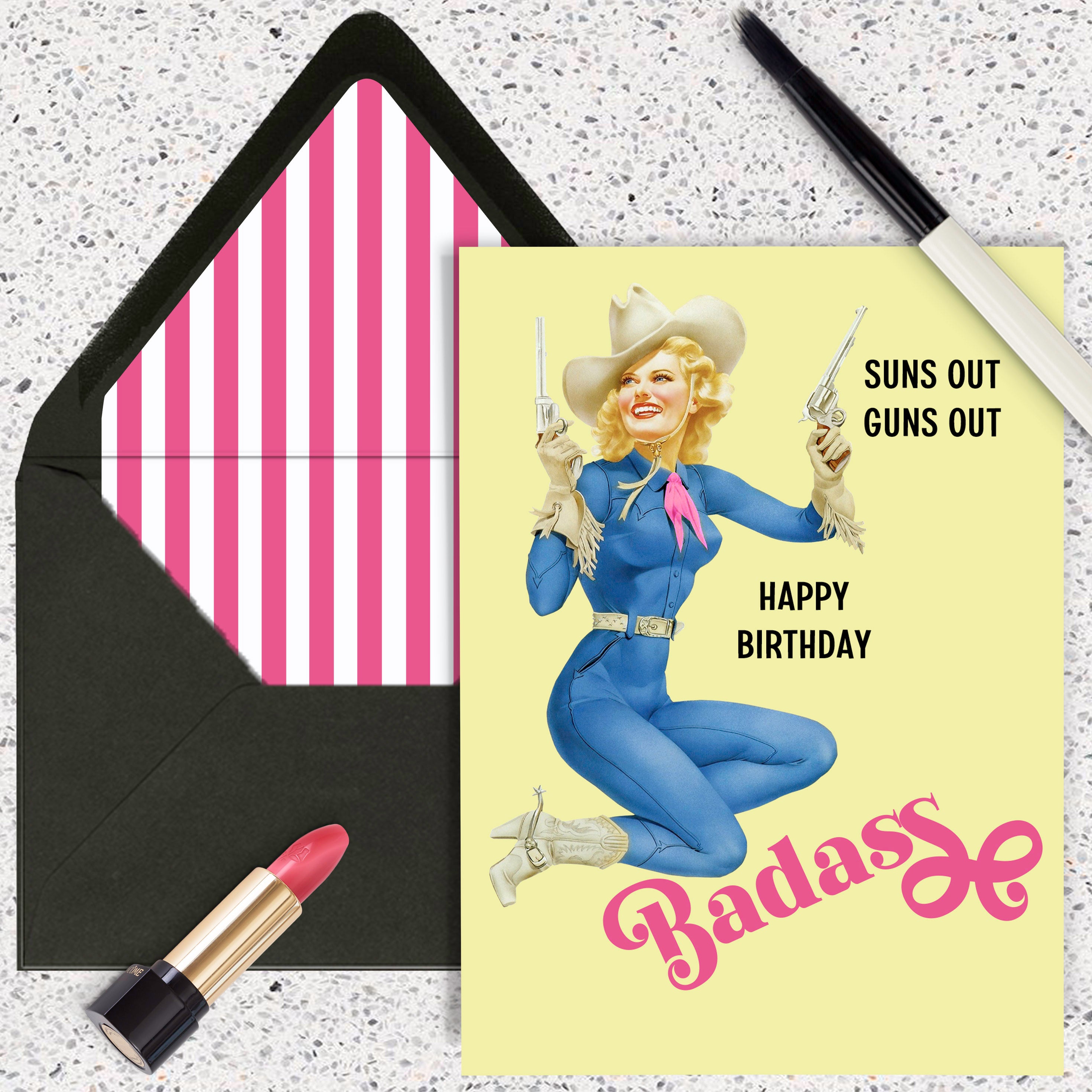 Western Pinup Cowgirl with Guns Happy Birthday Badass Card