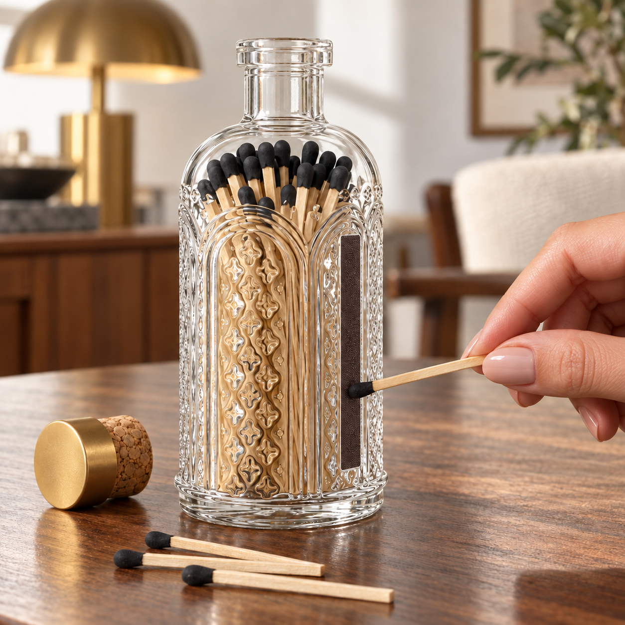 A clear glass bottle with ornate embossed patterns and a cork stopper, filled with wooden matches with black tips. A hand is lighting a match against a dark vertical strip on the bottle, set on a wooden table in a warm, softly blurred interior.