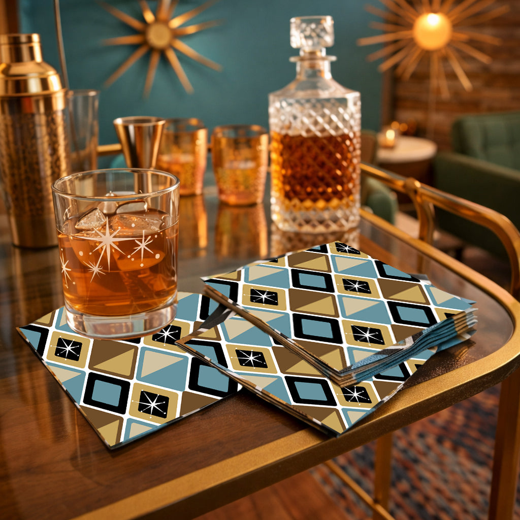 Blue and Brown Diamonds Mid Century Cocktail Beverage Napkin