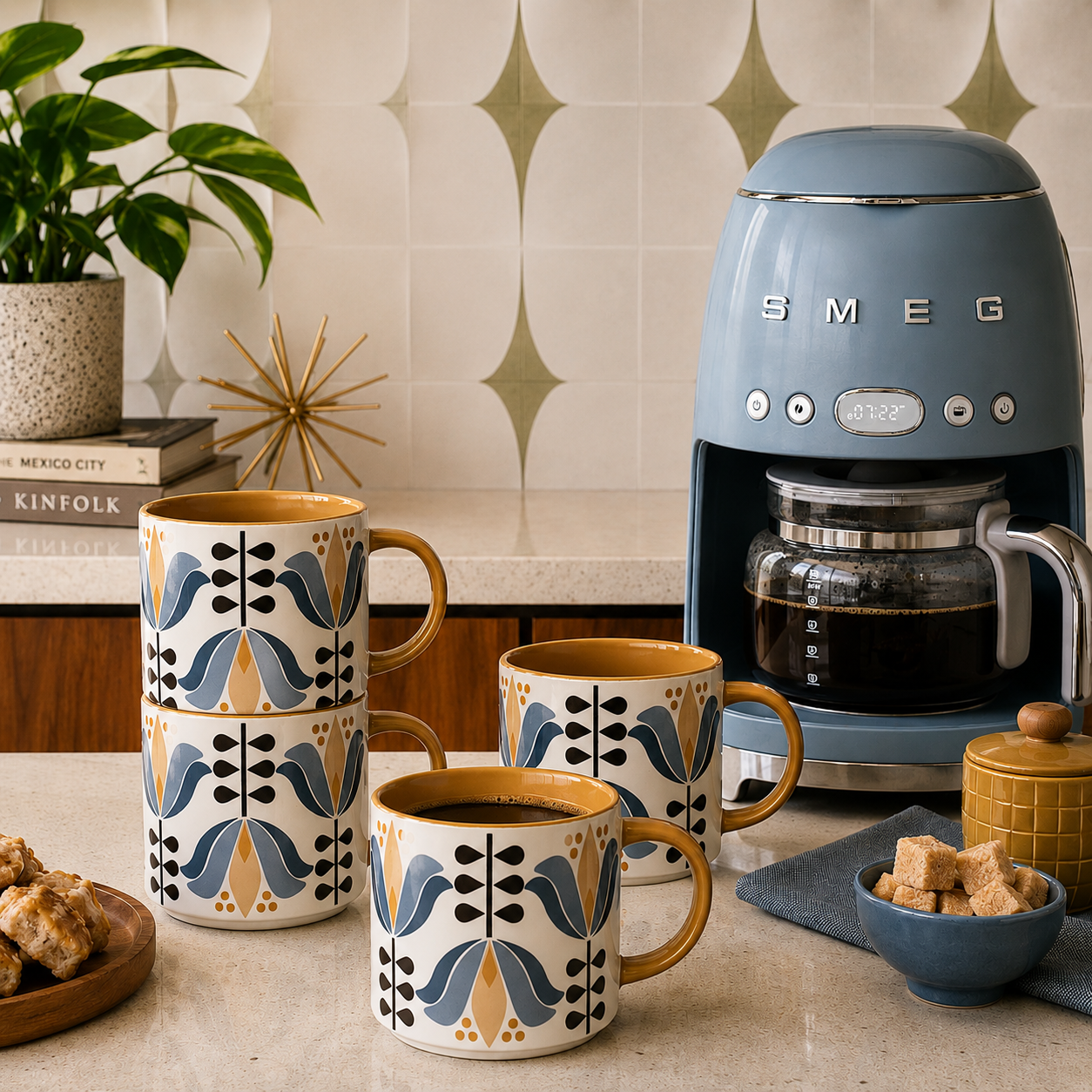 Blue Lotus Flower Mid Century Modern Stackable Matte Coffee Mug