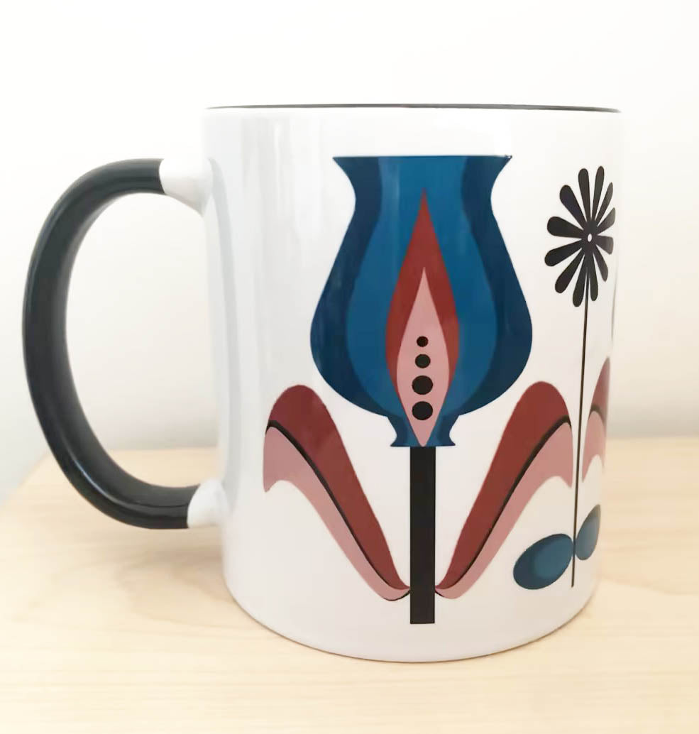 Bulb Tulip Blue Flower Mid Century Modern Coffee Tea Mug