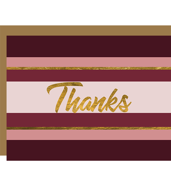 Elevate your gratitude with our Wine Stripe and Gold Thank You Card! Combining mid century modern classic design with rich purple jewel tones, this card features a luxurious gold textured font for added glam. Show your appreciation in style and leave a memorable impression.