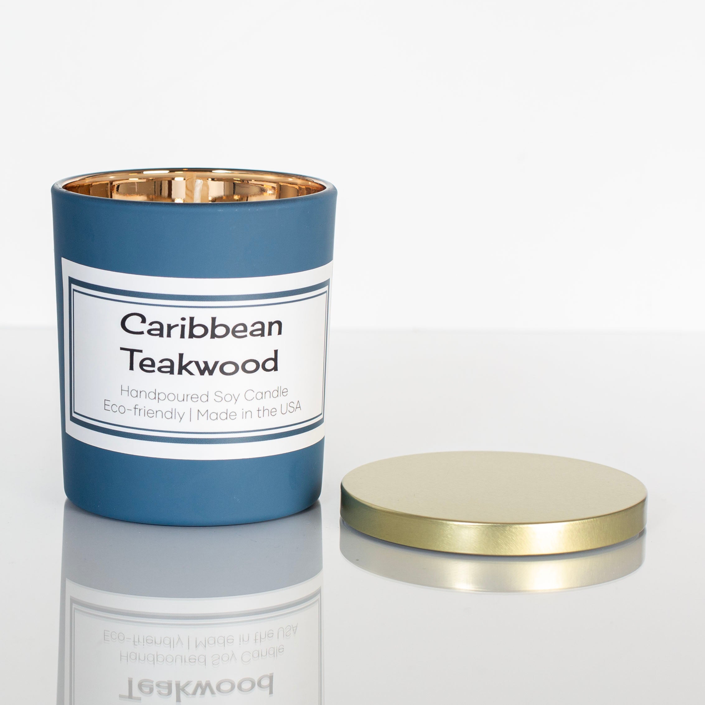 Caribbean Teakwood Matte Blue Soy Candle with Gold Lid