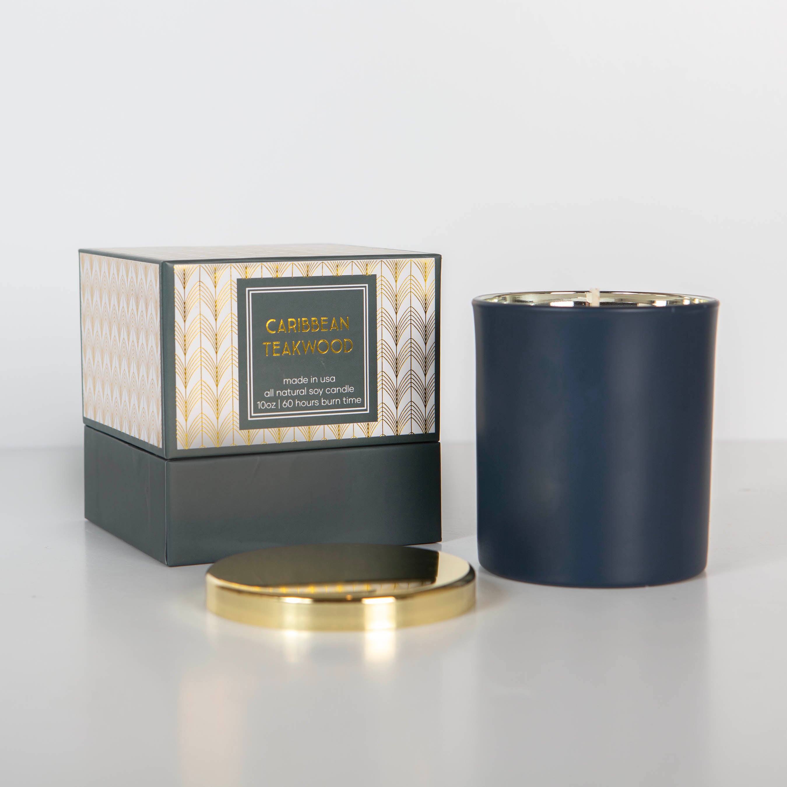 matte blue mid century modern gold foil boxed soy candle with gold lid