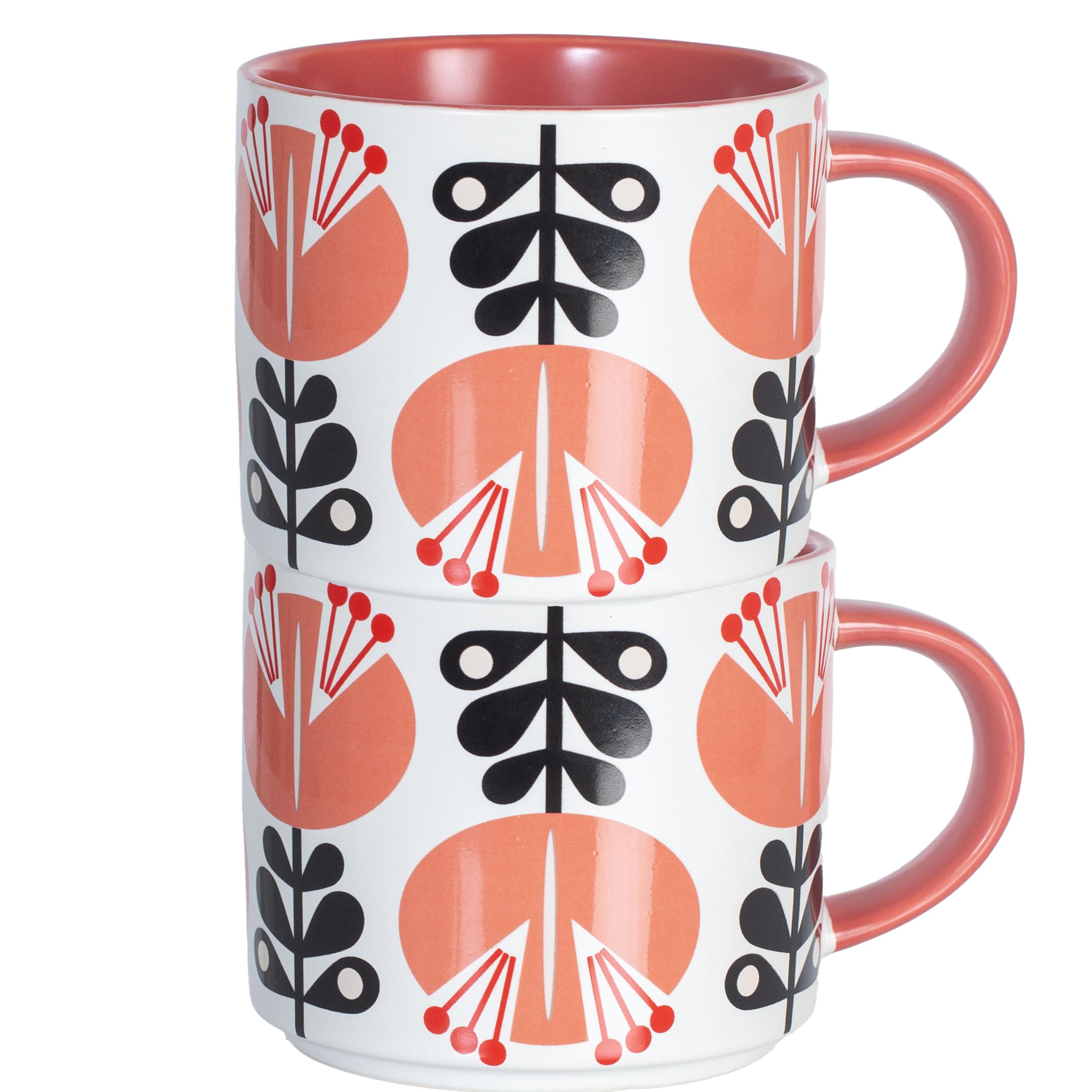 Coral Pink Lily Flower Mid Century Modern Stackable Matte Coffee Tea Mug