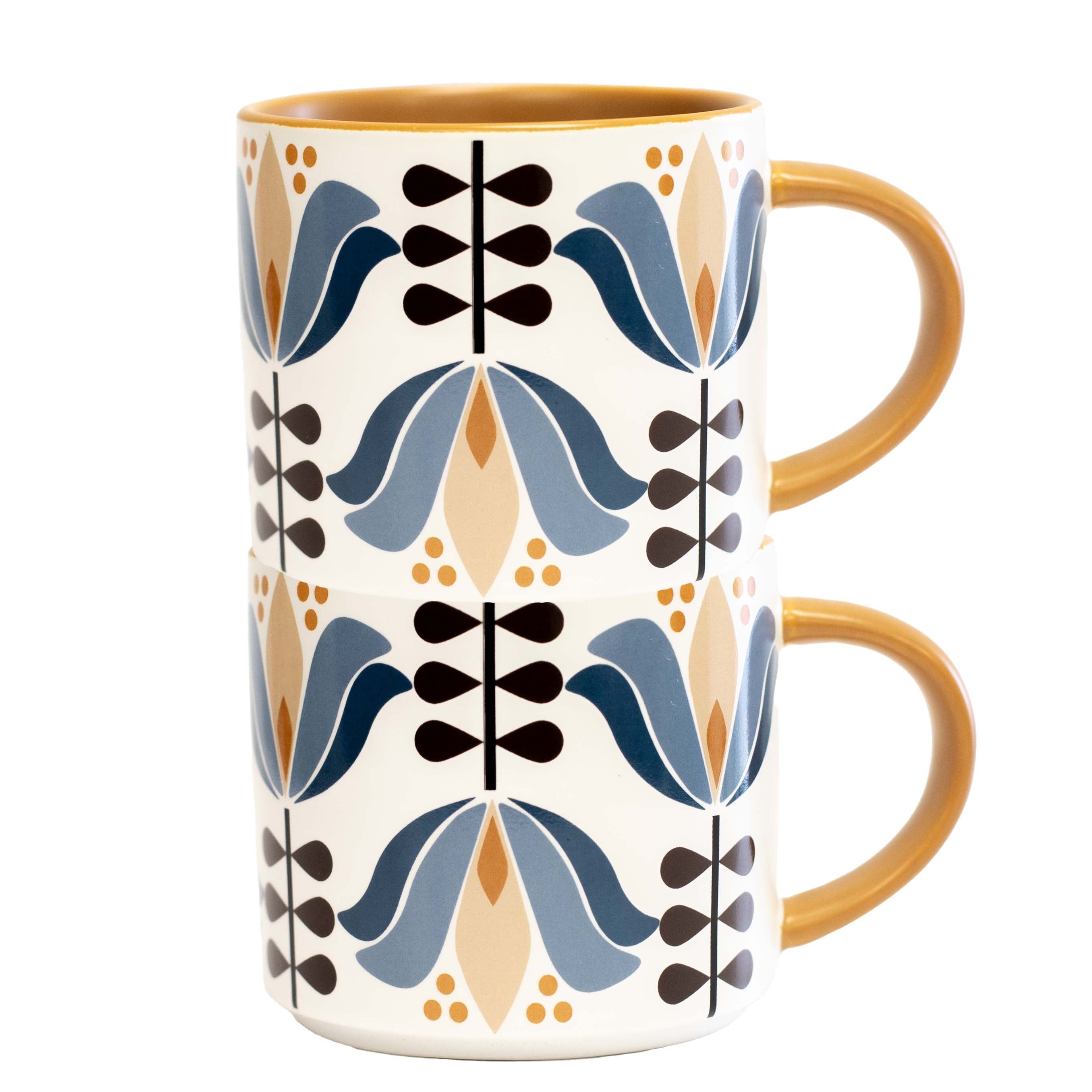 Blue Lotus Flower Mid Century Modern Stackable Matte Coffee Mug
