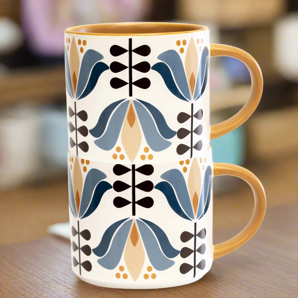 Blue Lotus Flower Mid Century Modern Stackable Matte Coffee Mug