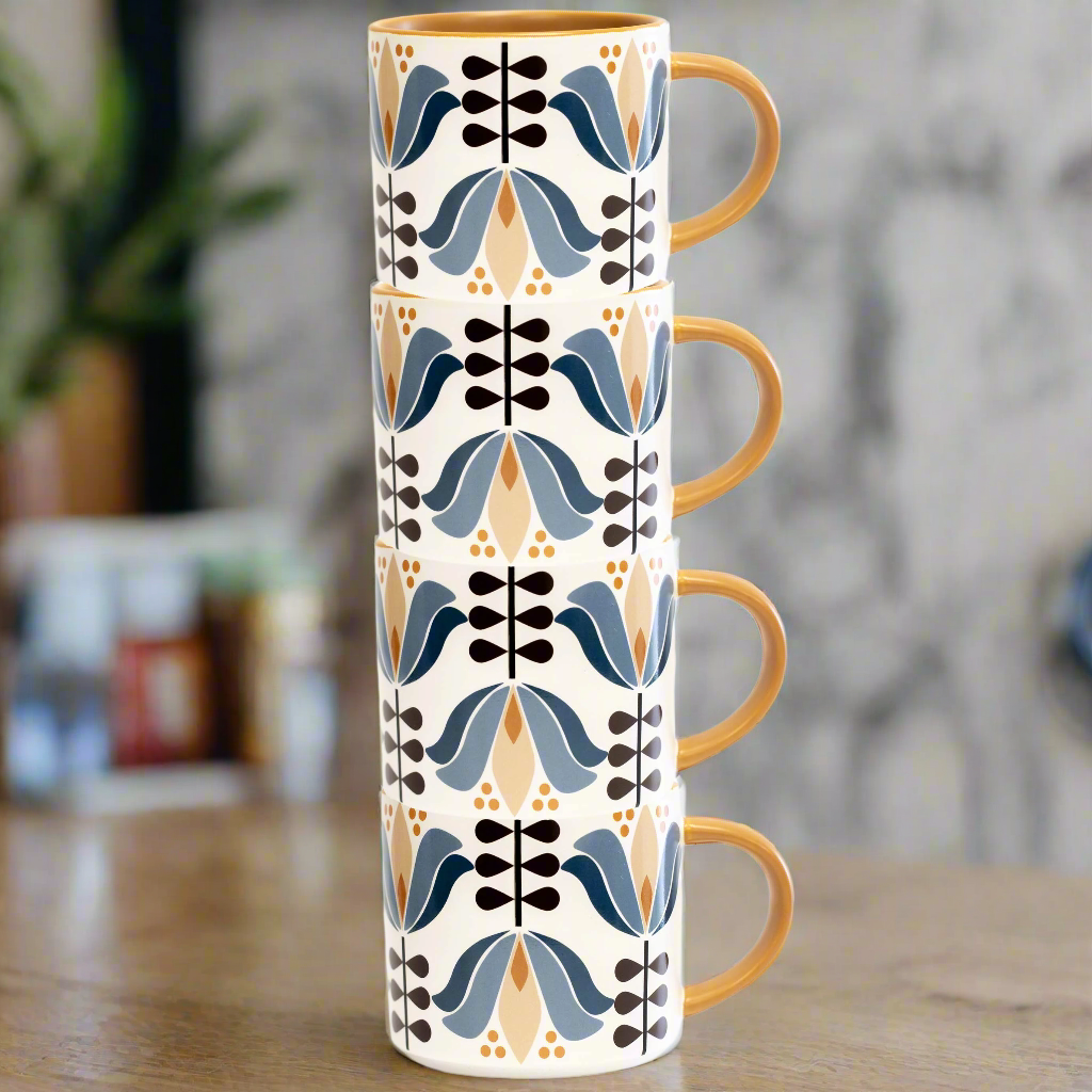 Blue Lotus Flower Mid Century Modern Stackable Matte Coffee Mug