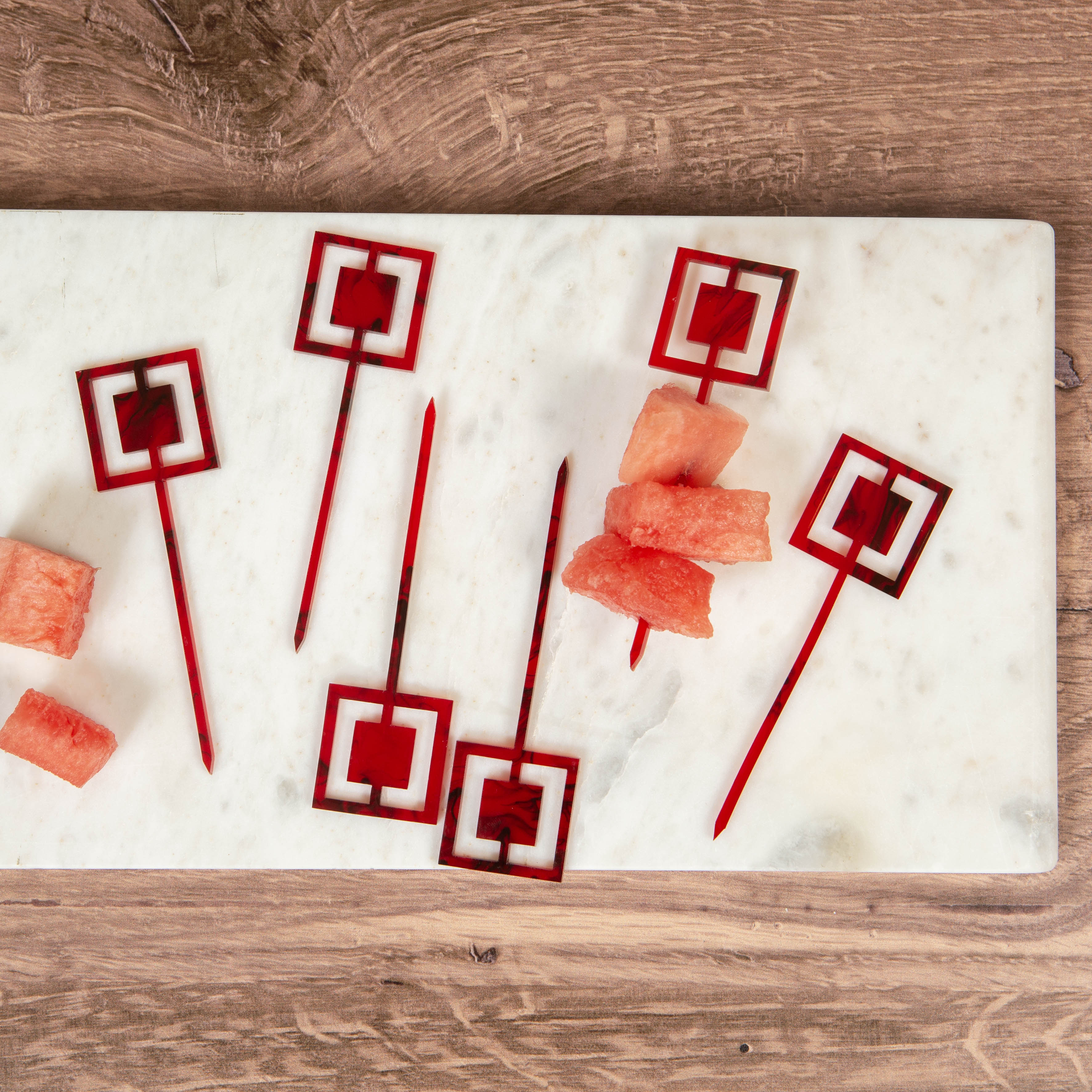 Red Marbled Square Acrylic Appetizer Cocktail Pick Set