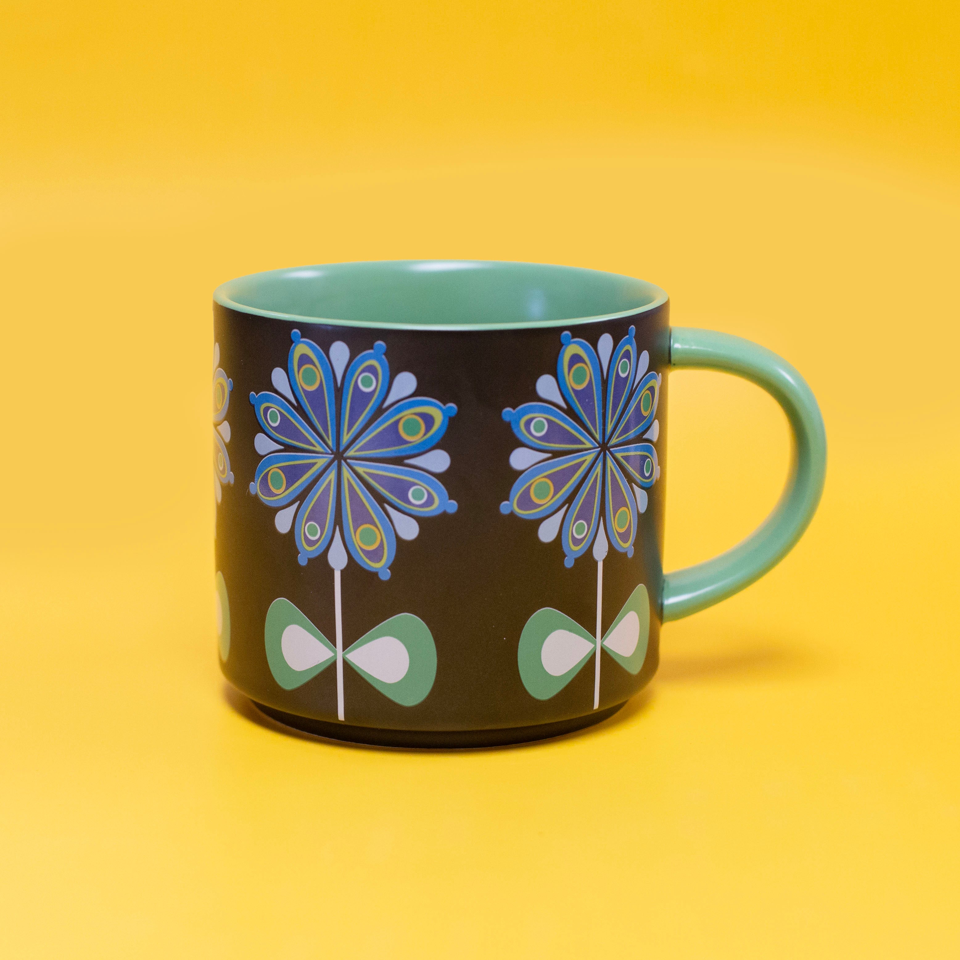 Casbah Bloom Blue Flower Mid Century Stackable Matte Coffee Mug