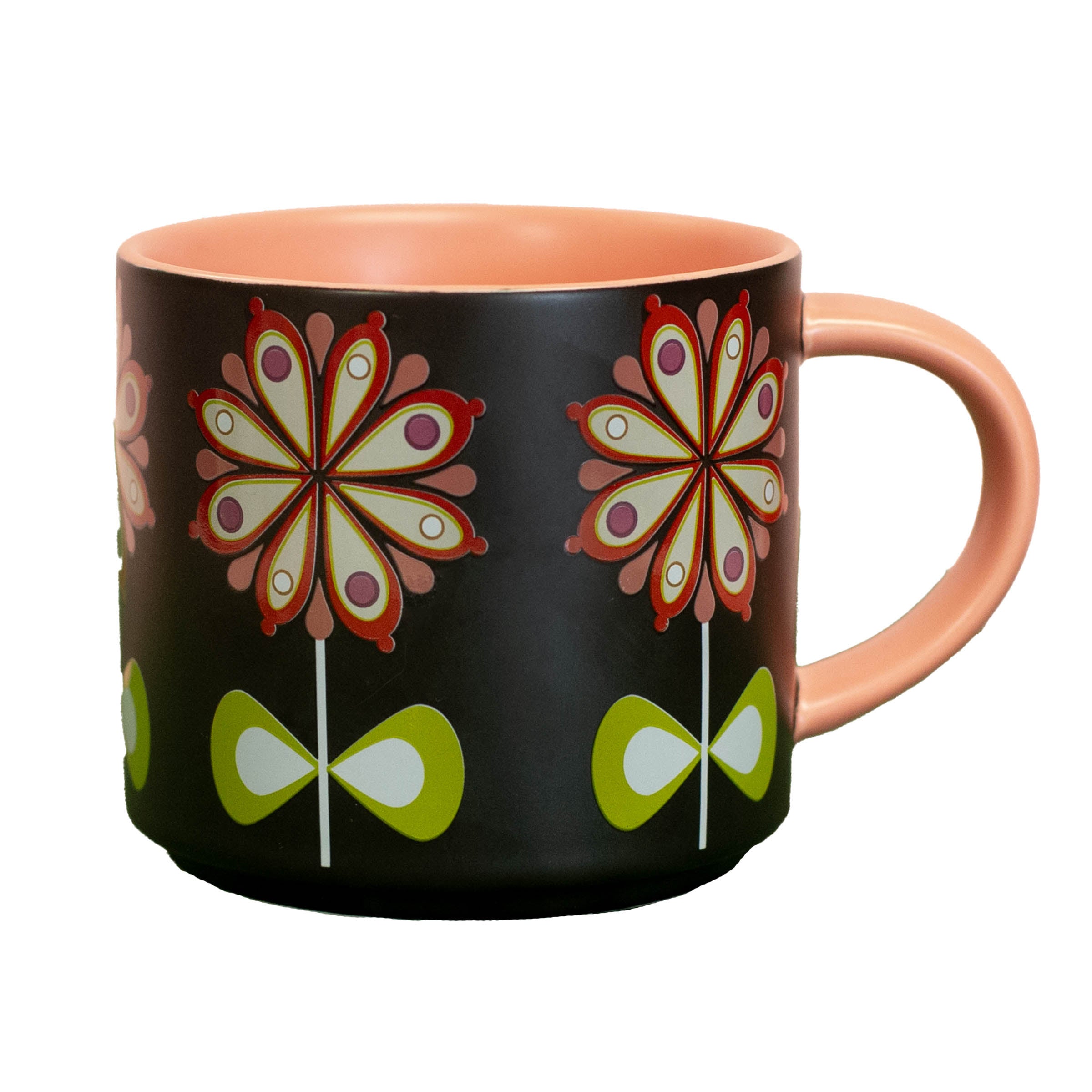 Mid Century Modern Coffee Mug with  pink floral design on a white background