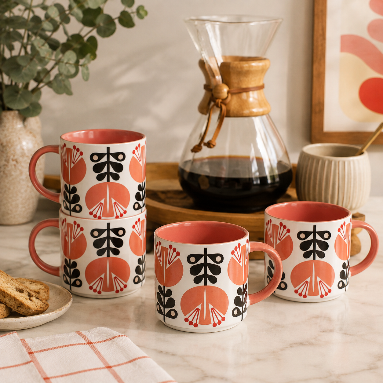 Coral Pink Lily Flower Mid Century Modern Stackable Matte Coffee Tea Mug