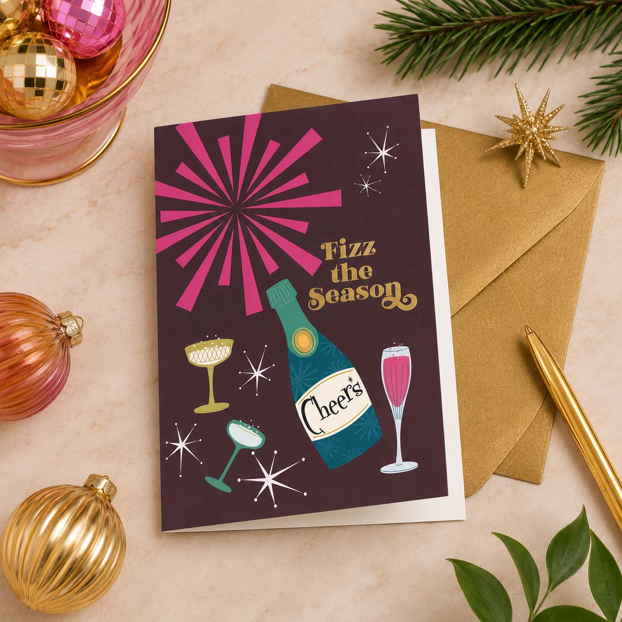 Cheers Fizz the Season Foil Holiday Champagne Cocktail Card