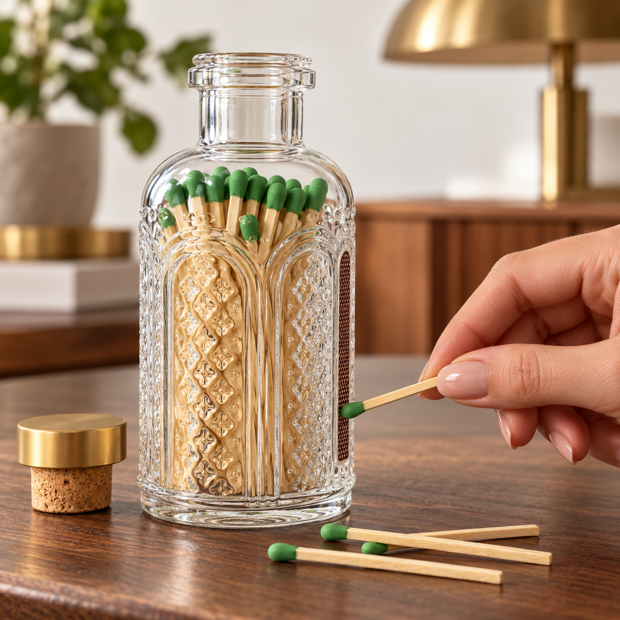 Green Tip Matches in Vintage Glass Jar