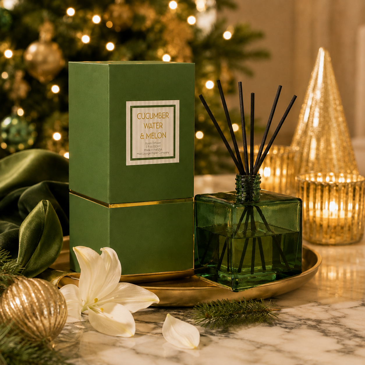 Green Reed Diffuser Cucumber Melon with Luxe Gold Foil