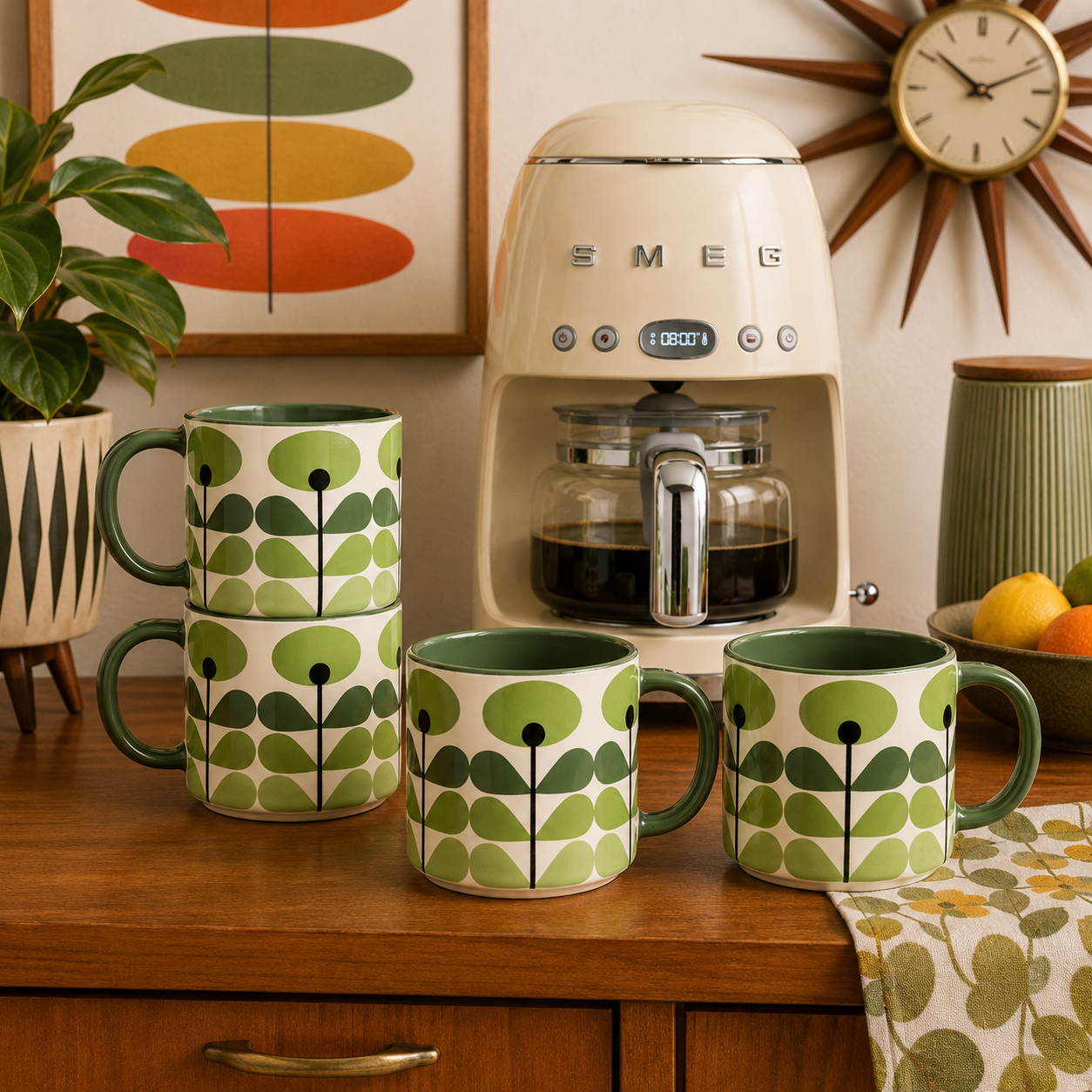 Green Flower Mid Century Modern Stackable Matte Coffee Tea Mug