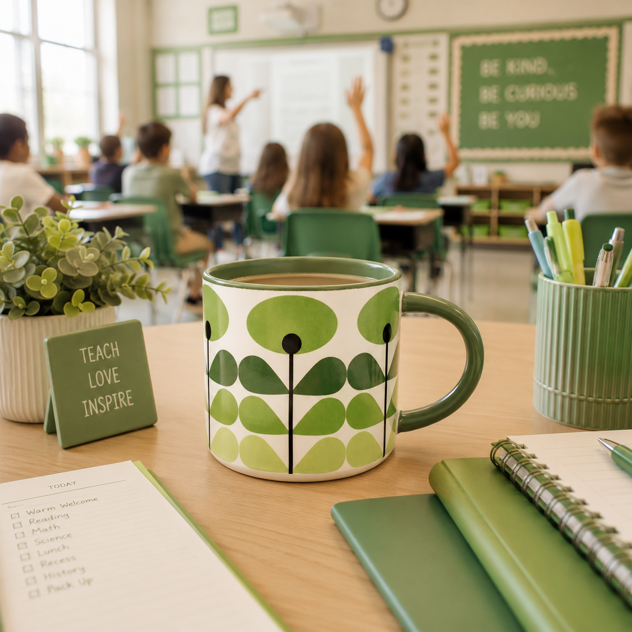 Green Flower Mid Century Modern Stackable Matte Coffee Tea Mug