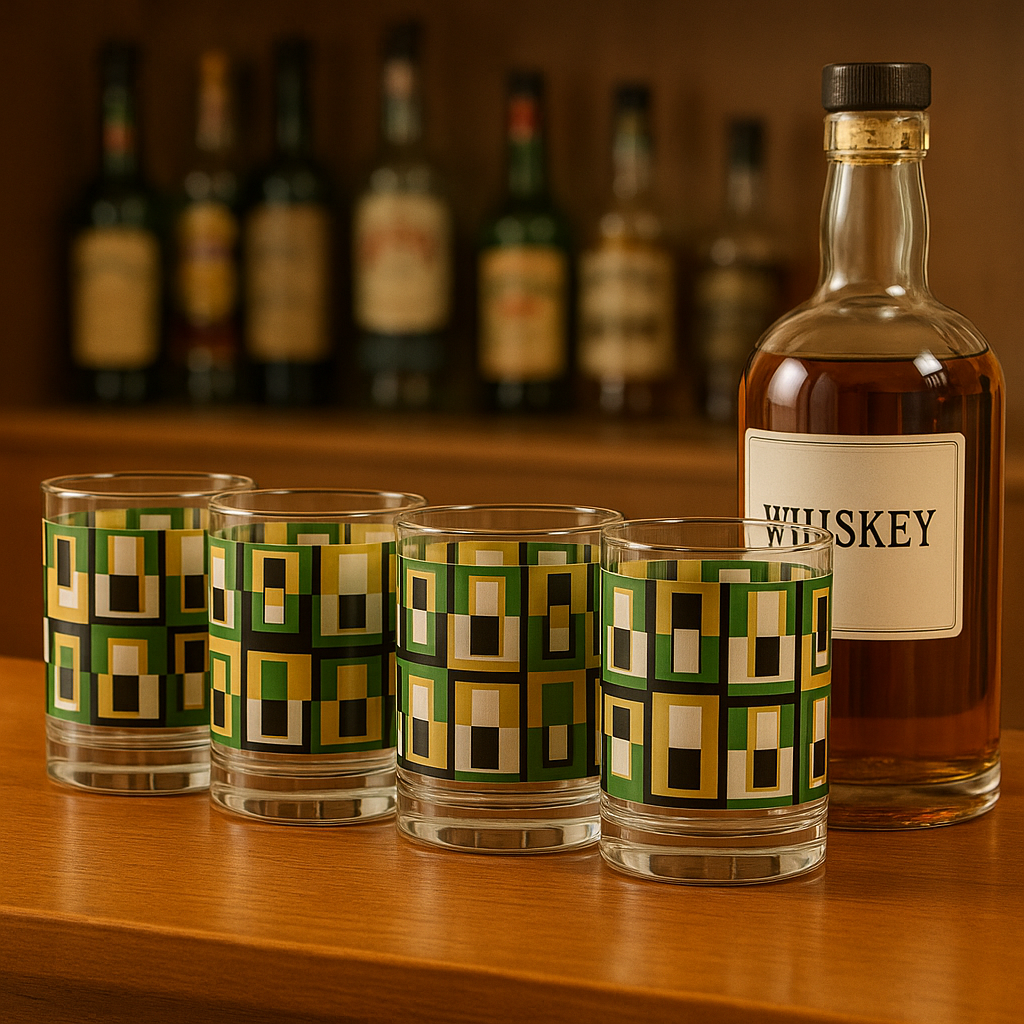 Cocktail Hour Set of 4 Green Squares Vintage Whiskey Glasses