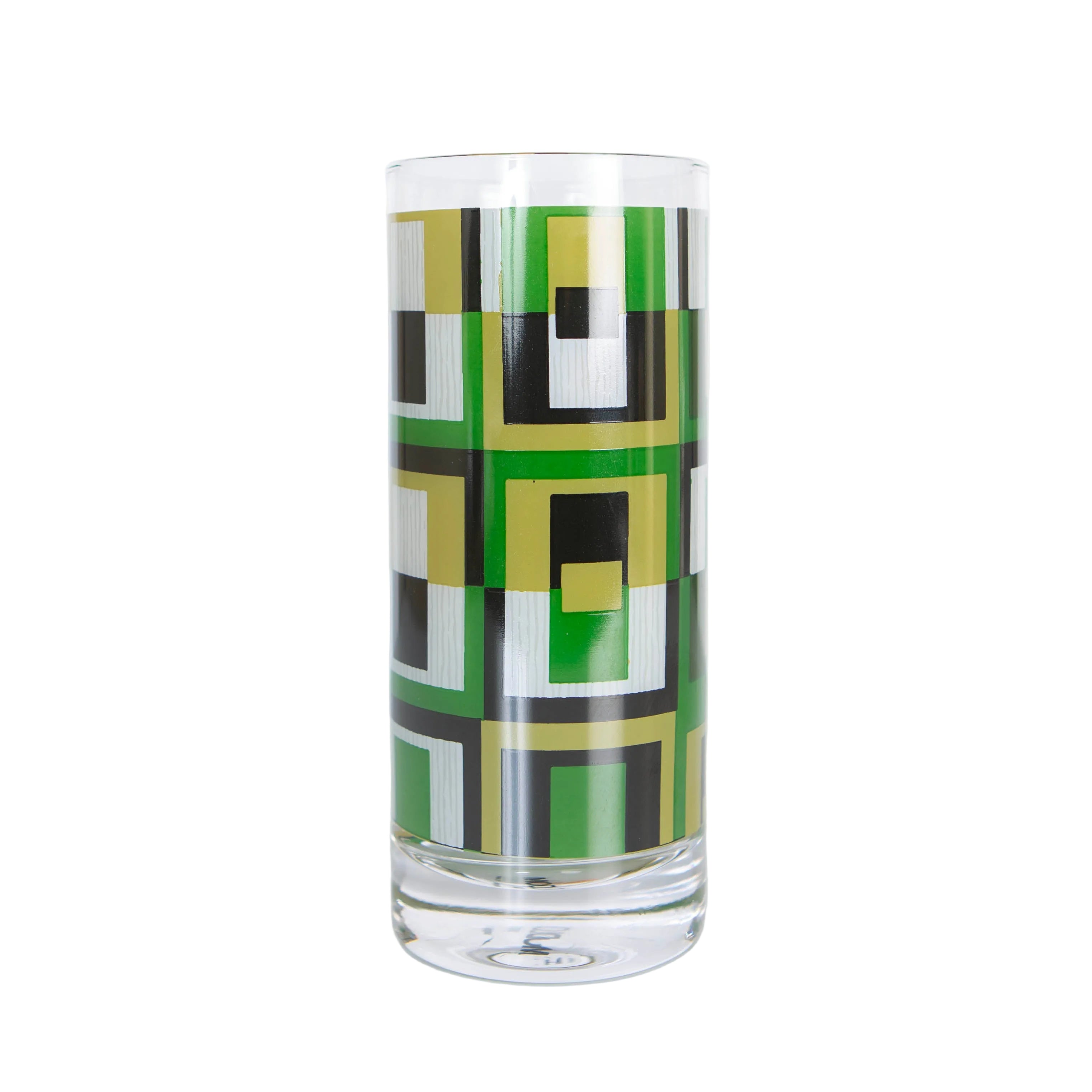 wholesale vintage highball cocktail glass with a geometric green squares design.