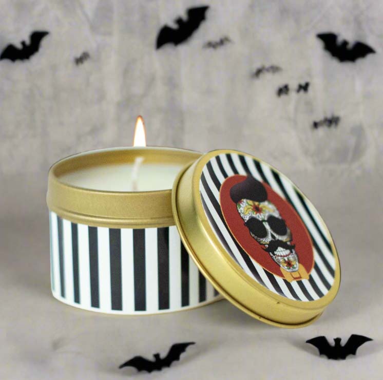 Sugar Skull Vintage Halloween Amber Noir Travel Candle