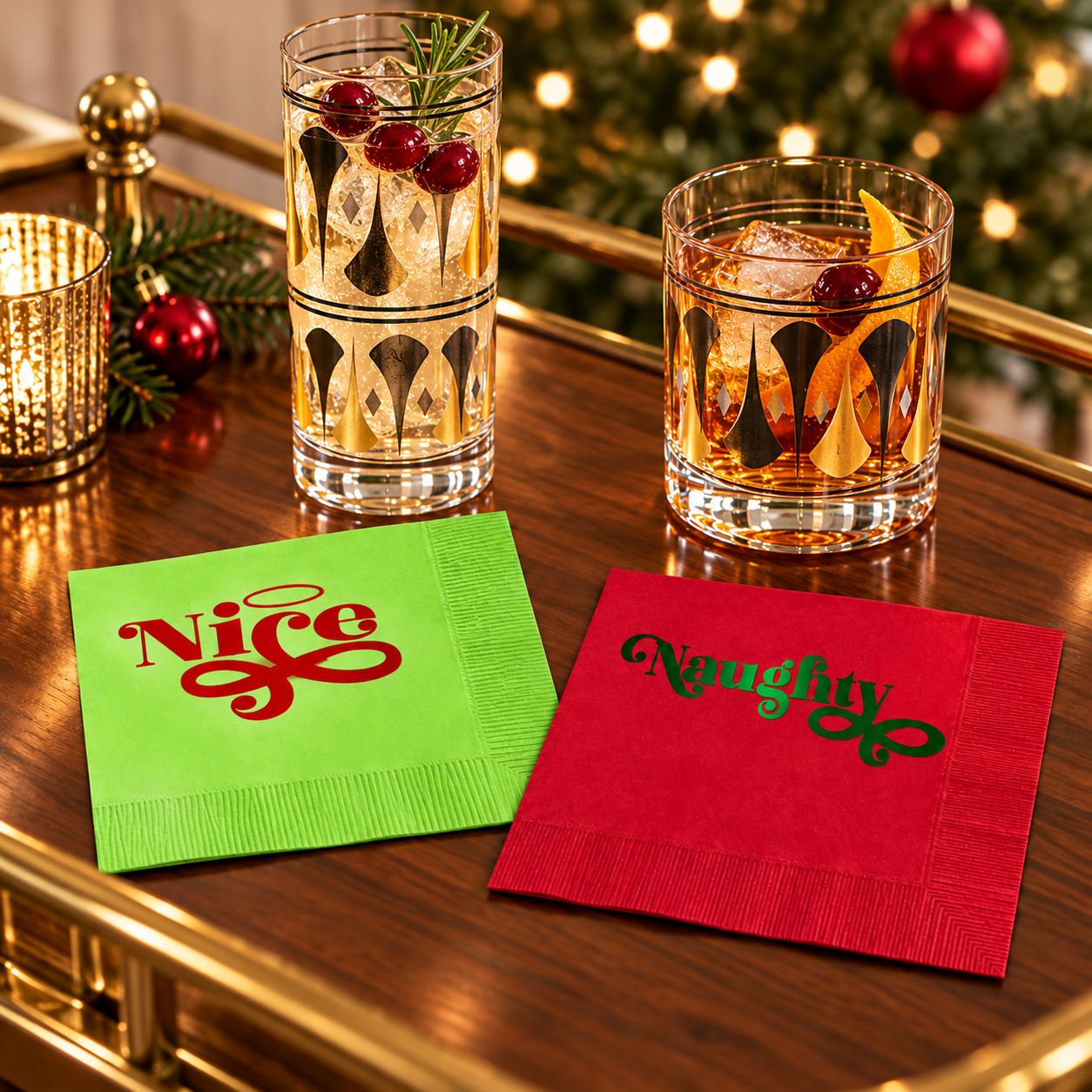 Naughty and Nice Foil Funny Holiday Cocktail Beverage Napkin