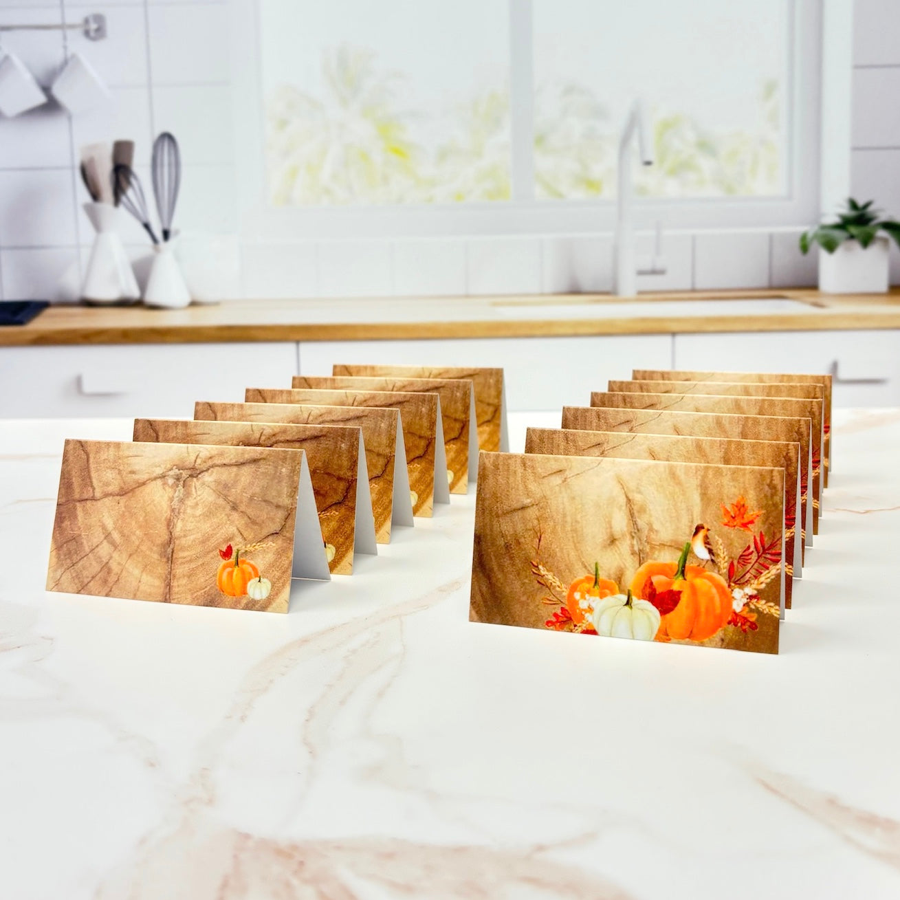 Pumpkin on Wood Thanksgiving Folded Place Cards