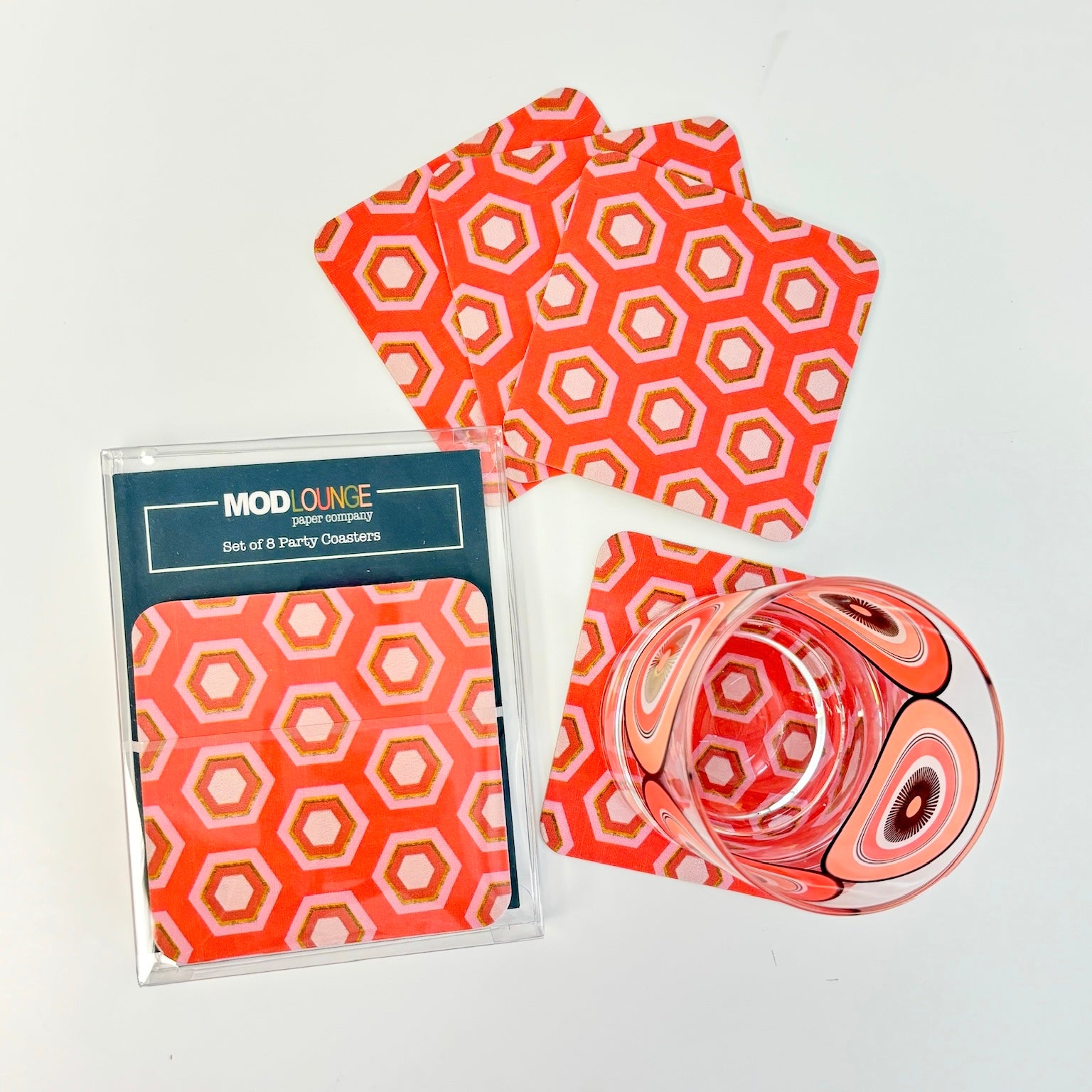 Pink Hexagon Mid Century Paper Party Coaster Set of 8