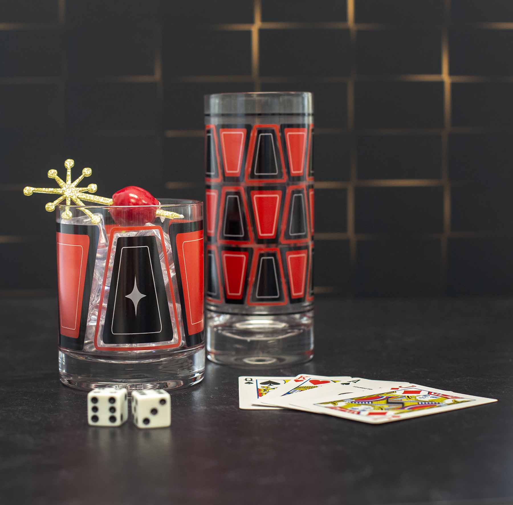 Red and Black Retro Blocks Highball Collins Vintage Cocktail Glass